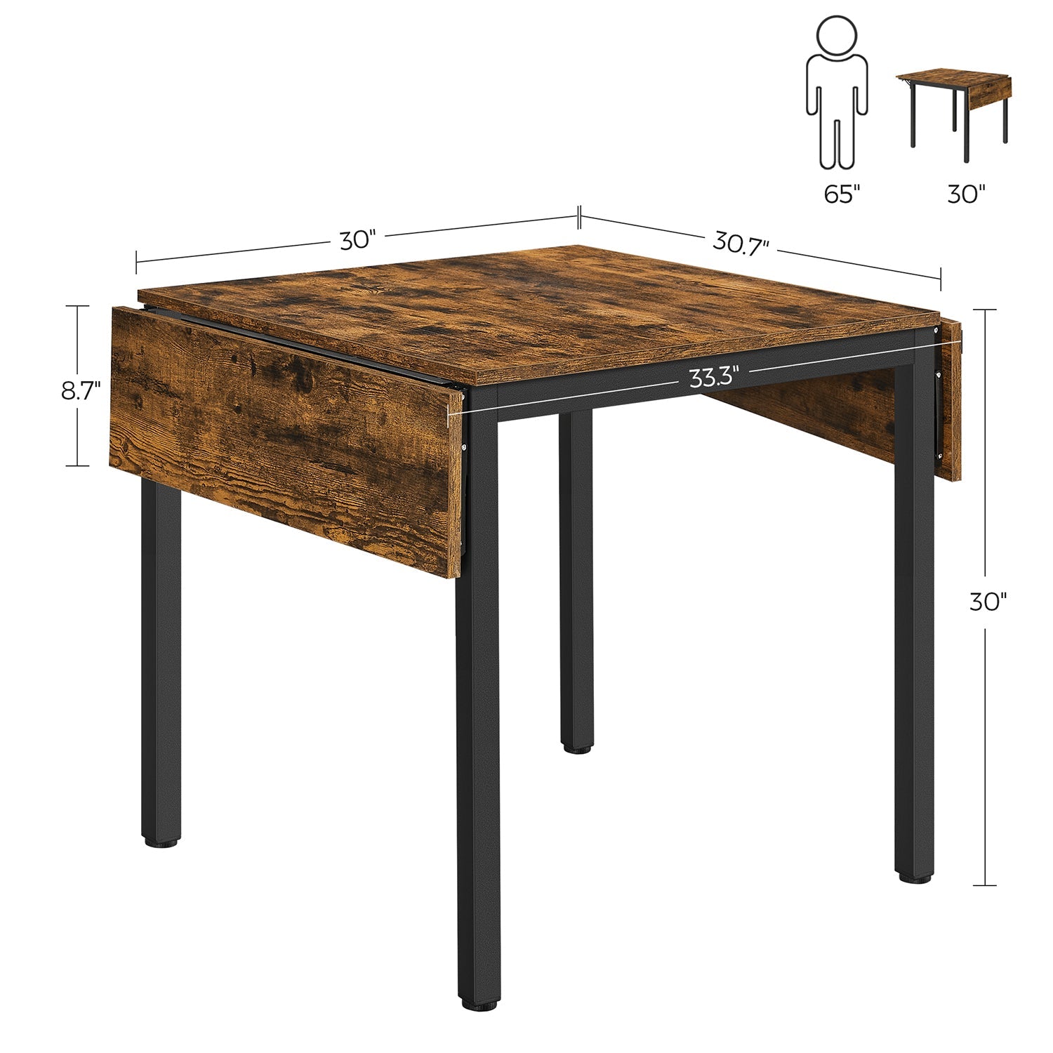 Extendable Dining Table – Wood – Rustic Brown and Ink Black – Folding Design for Small Spaces