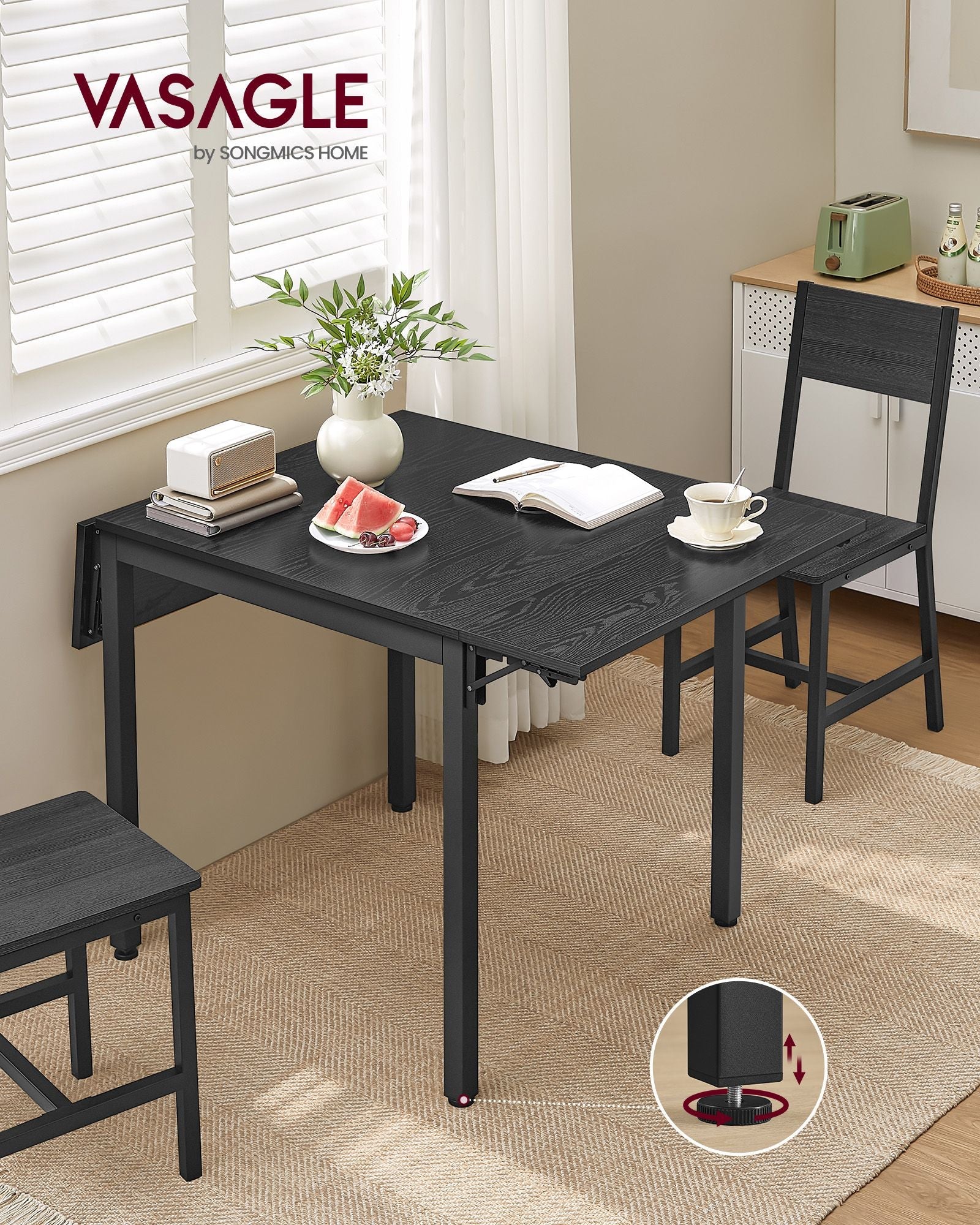 Folding Dining Table – MDF – Ebony Black and Ink Black – Extendable for Small Spaces