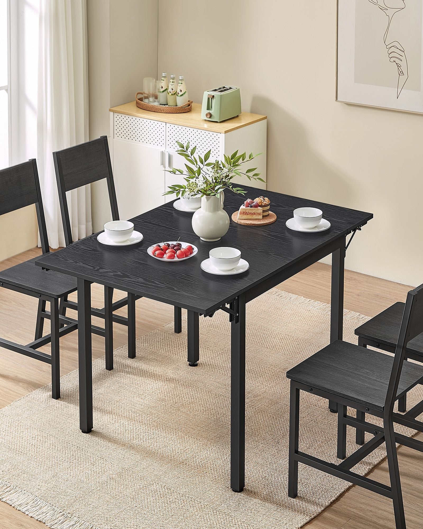 Folding Dining Table – MDF – Ebony Black and Ink Black – Extendable for Small Spaces