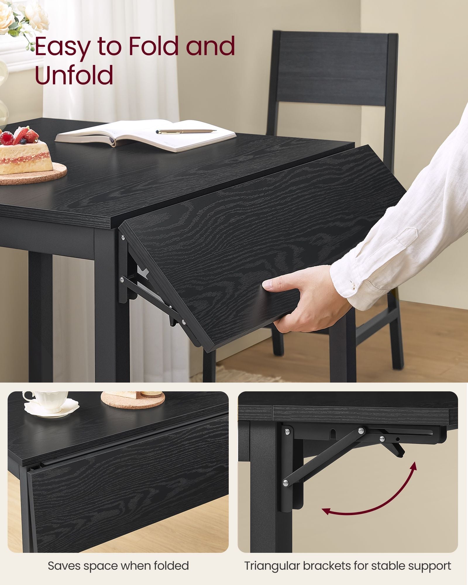 Folding Dining Table – MDF – Ebony Black and Ink Black – Extendable for Small Spaces