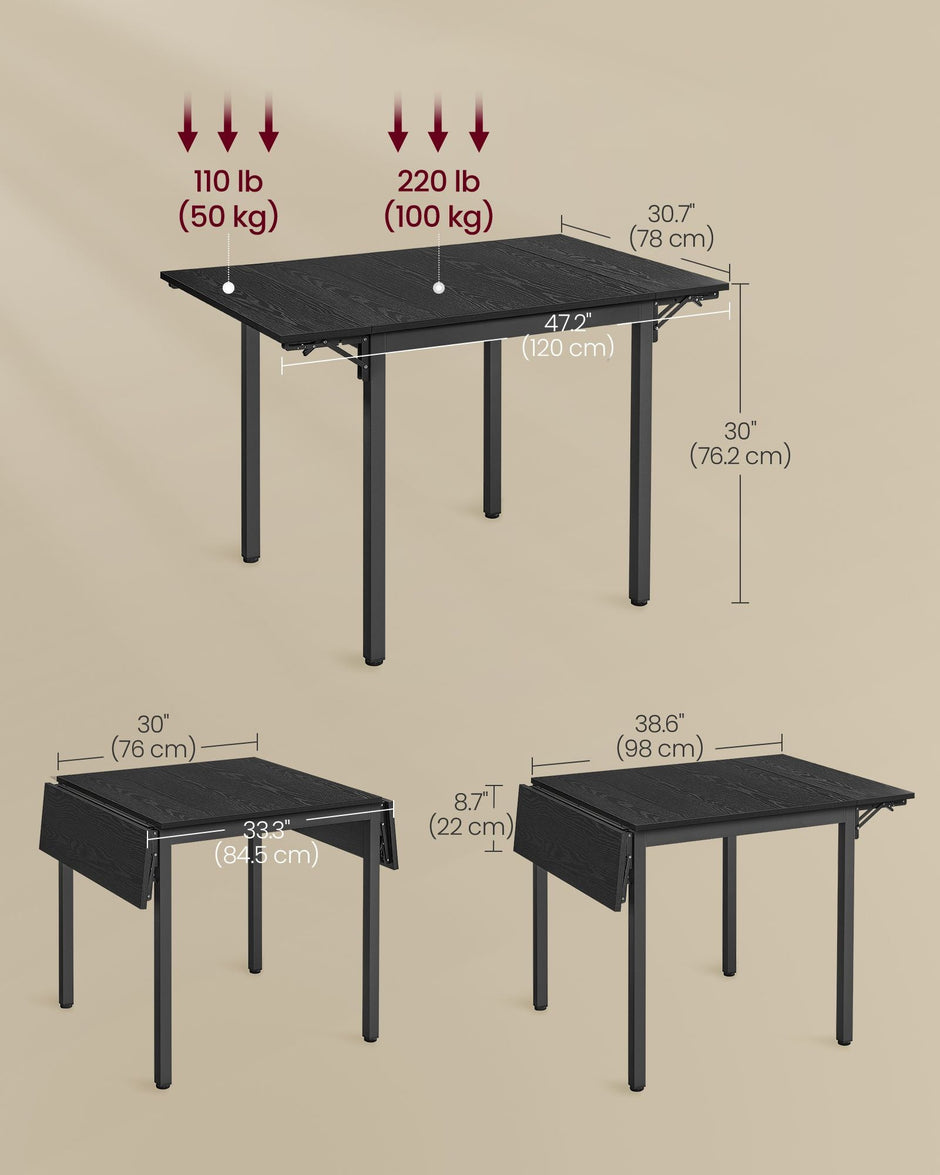 Folding Dining Table – MDF – Ebony Black and Ink Black – Extendable for Small Spaces