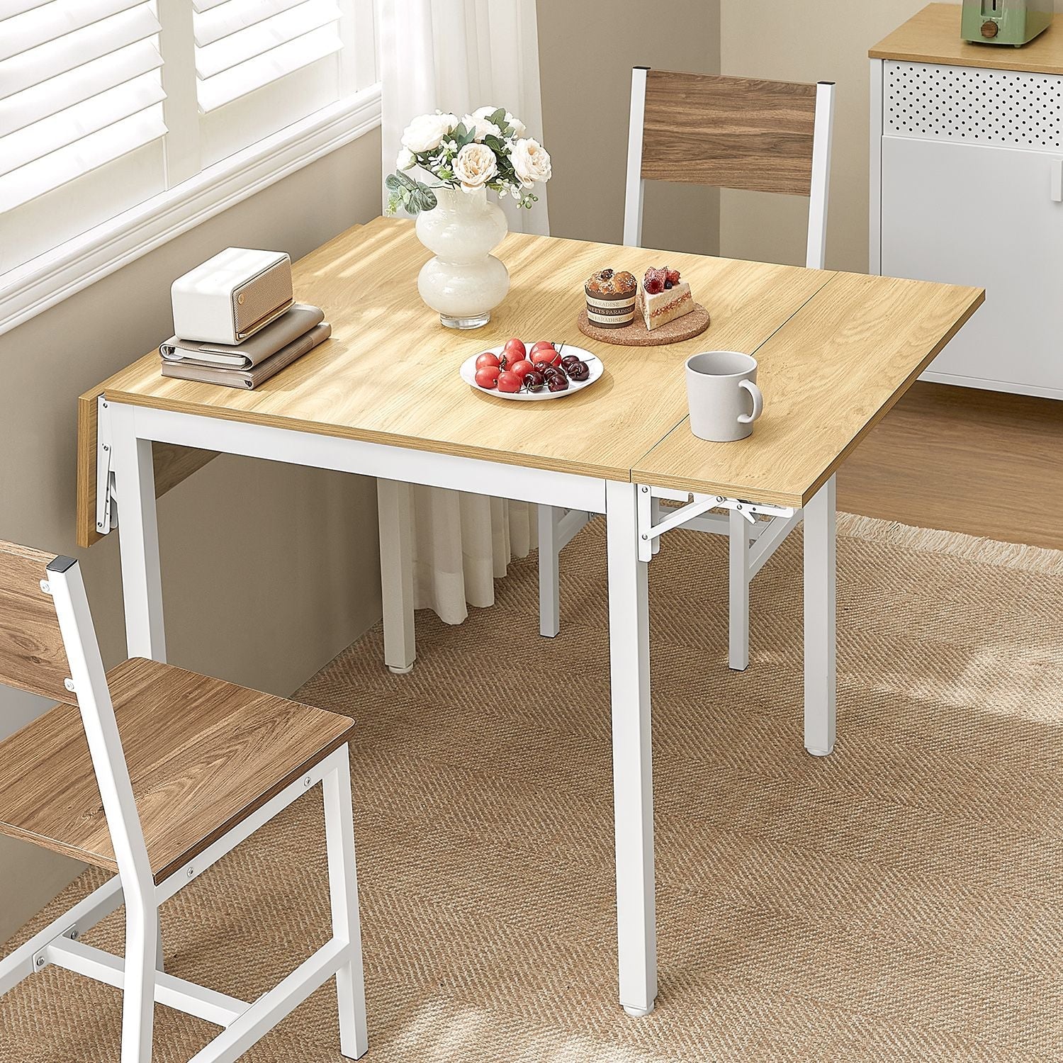 Folding Dining Table – Natural Oak and Cloud White – Extendable for 2-4 People