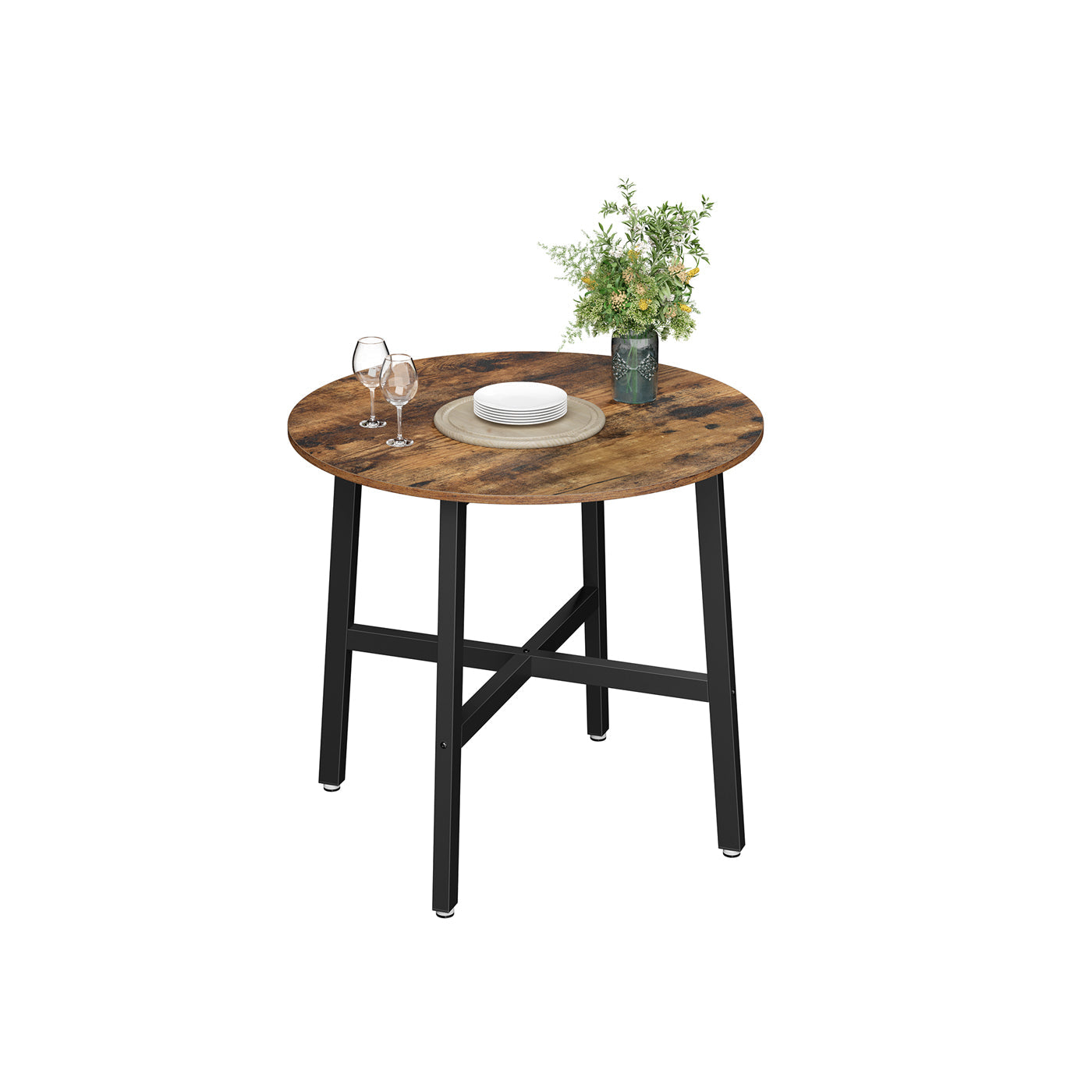 Round Dining Table – Wood and Metal – Rustic Brown and Black – Industrial Style, 80 x 75 cm