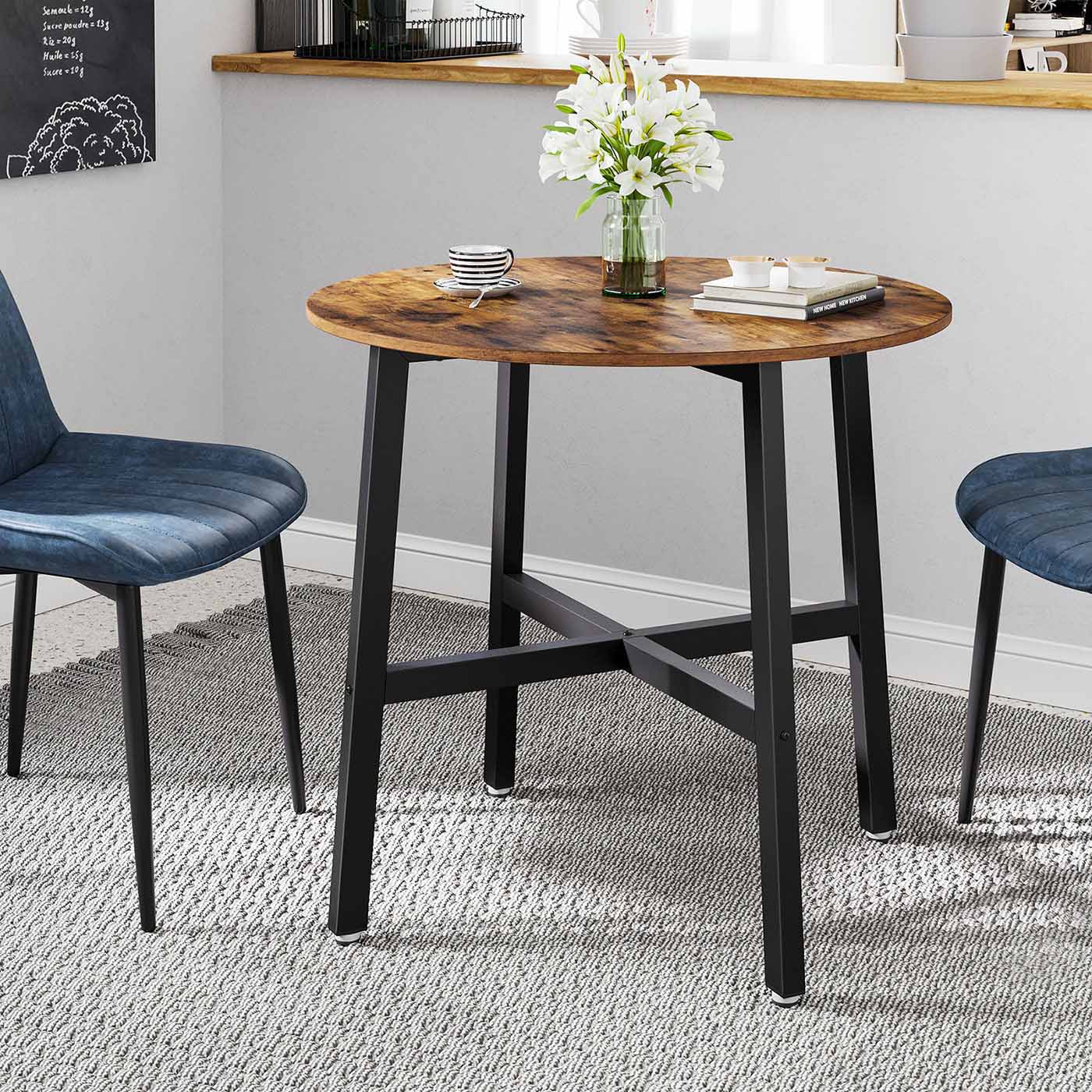 Round Dining Table – Wood and Metal – Rustic Brown and Black – Industrial Style, 80 x 75 cm