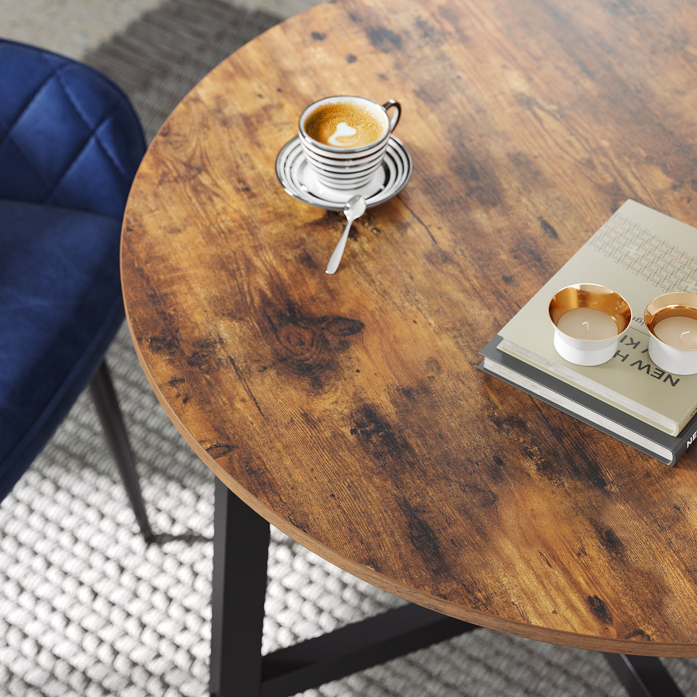 Round Dining Table – Wood and Metal – Rustic Brown and Black – Industrial Style, 80 x 75 cm