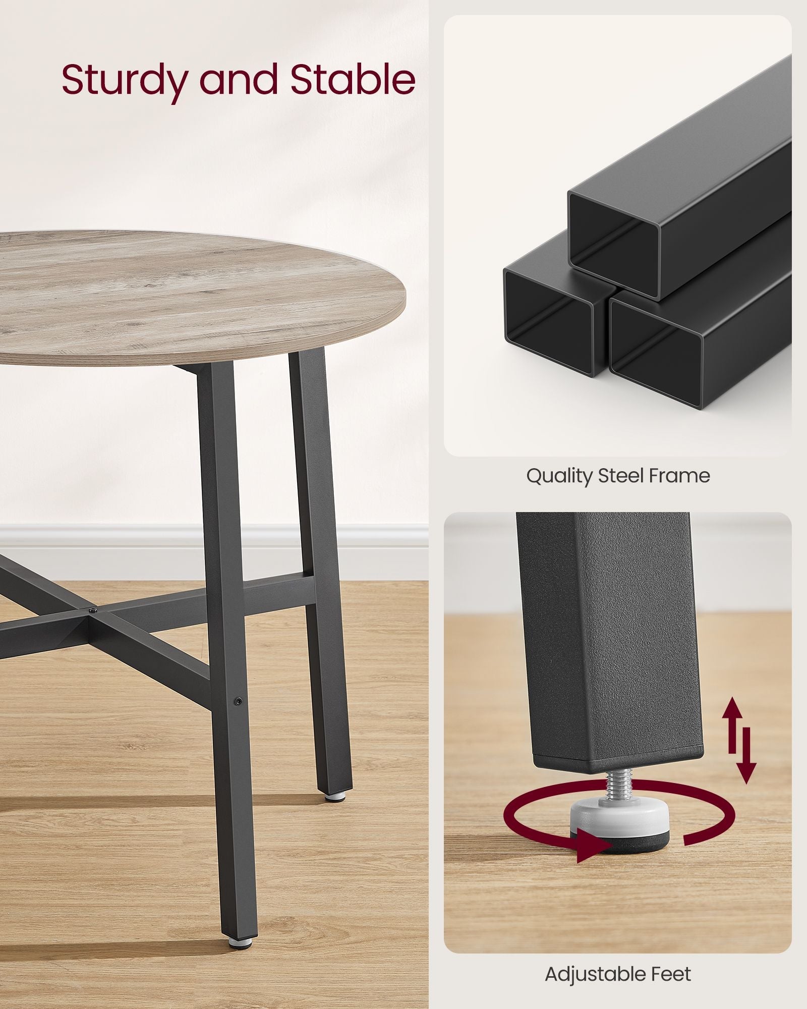 Round Kitchen Table – Metal and Wood – Heather Greige and Ink Black – Industrial Rustic Design