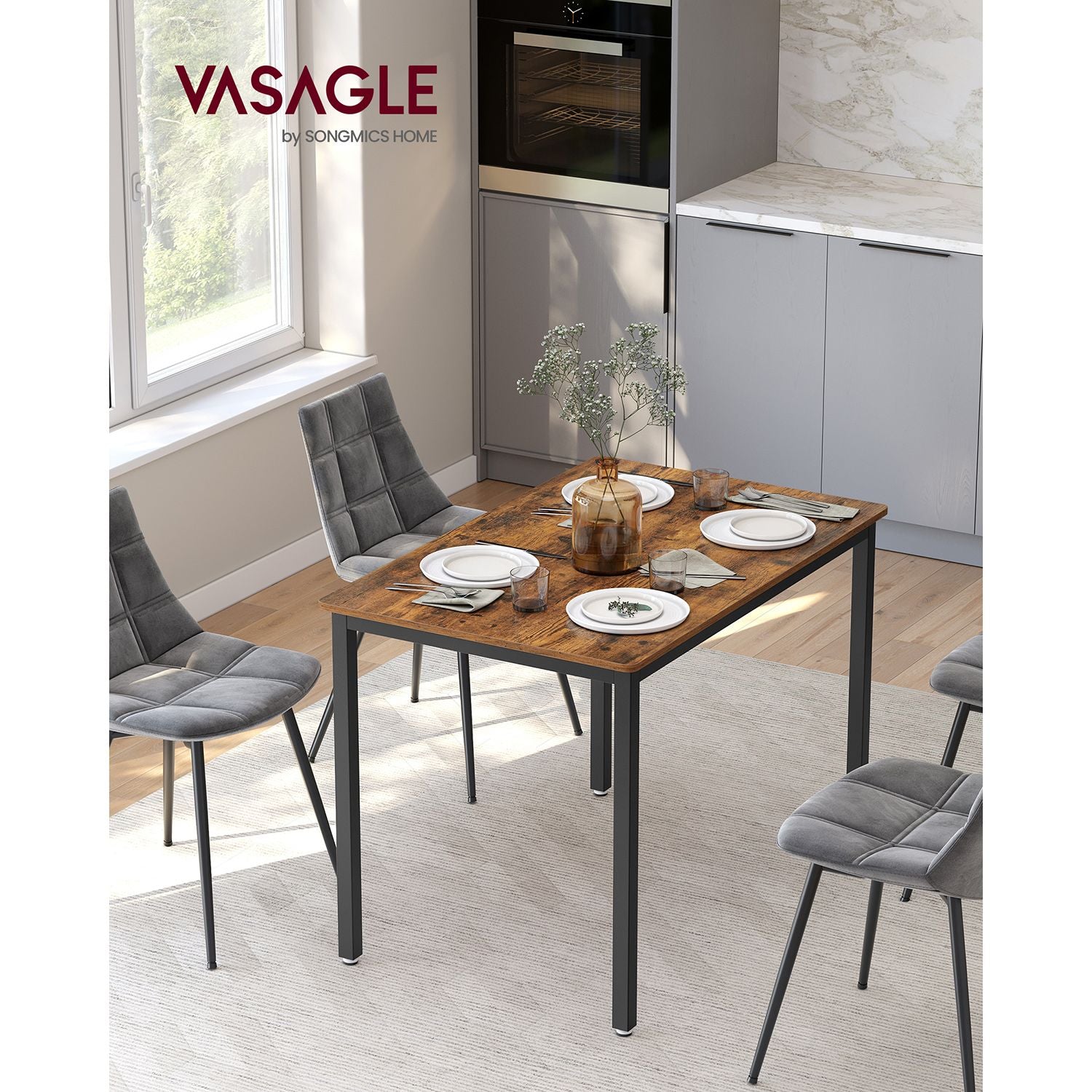 Dining Table – MDF and Metal – Rustic Brown and Black – Seats 4 People