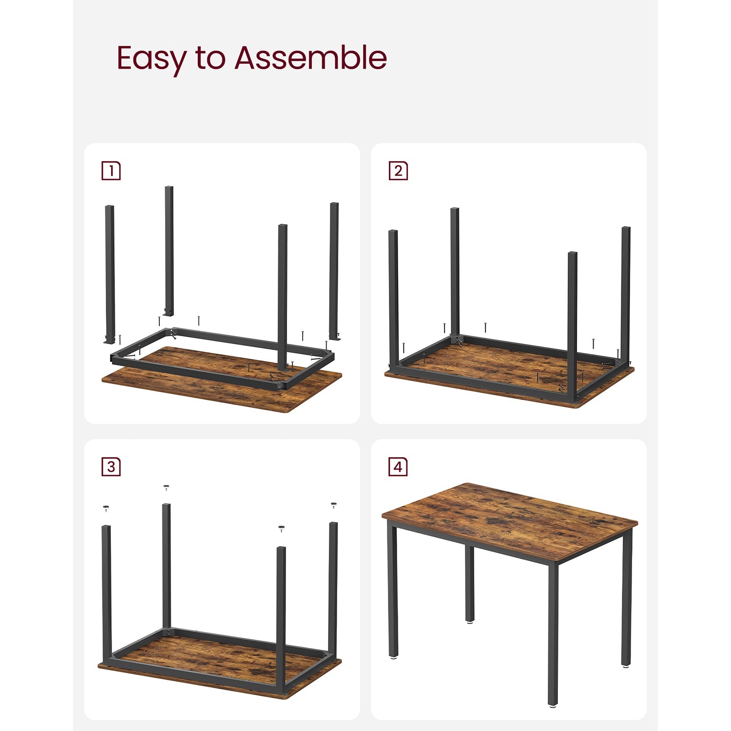 Dining Table – MDF and Metal – Rustic Brown and Black – Seats 4 People