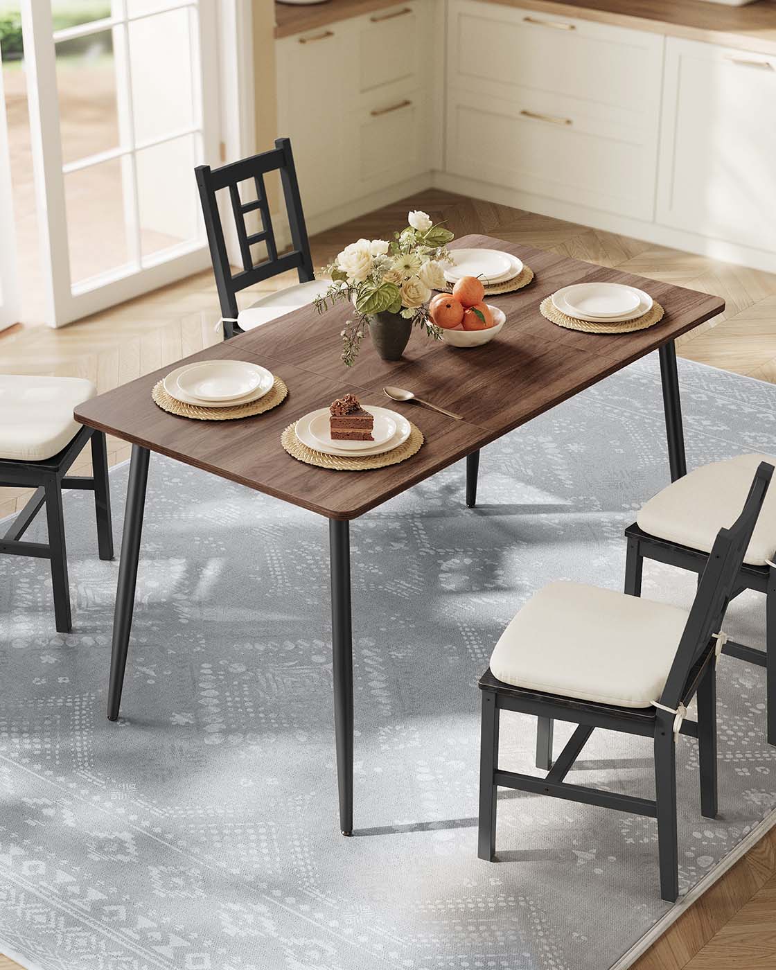 Dining Table – Natural Walnut and Ink Black – Seats 4-6 People – Heat-Resistant Surface, Quick Assembly, 75 x 140 x 75 cm