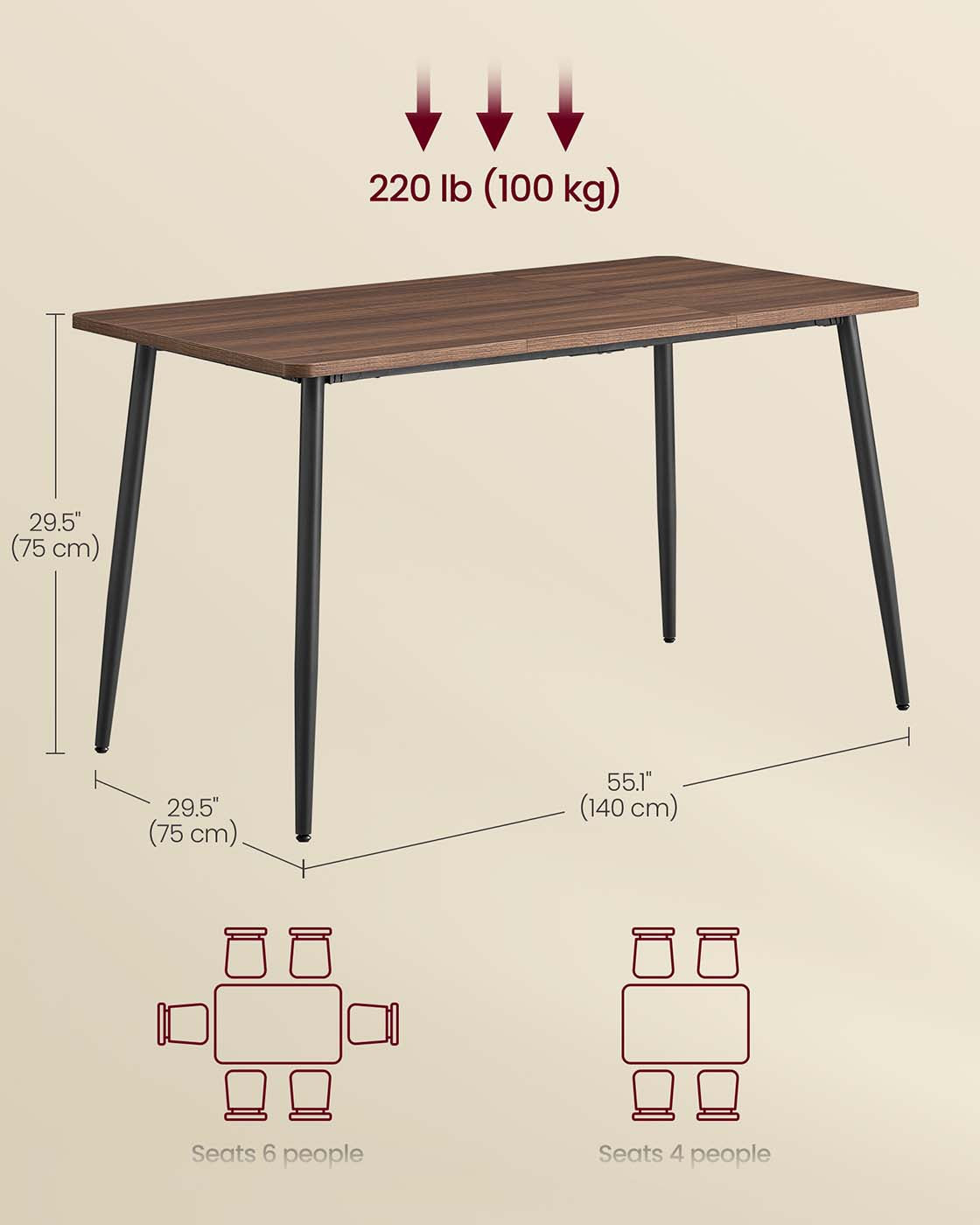 Dining Table – Natural Walnut and Ink Black – Seats 4-6 People – Heat-Resistant Surface, Quick Assembly, 75 x 140 x 75 cm