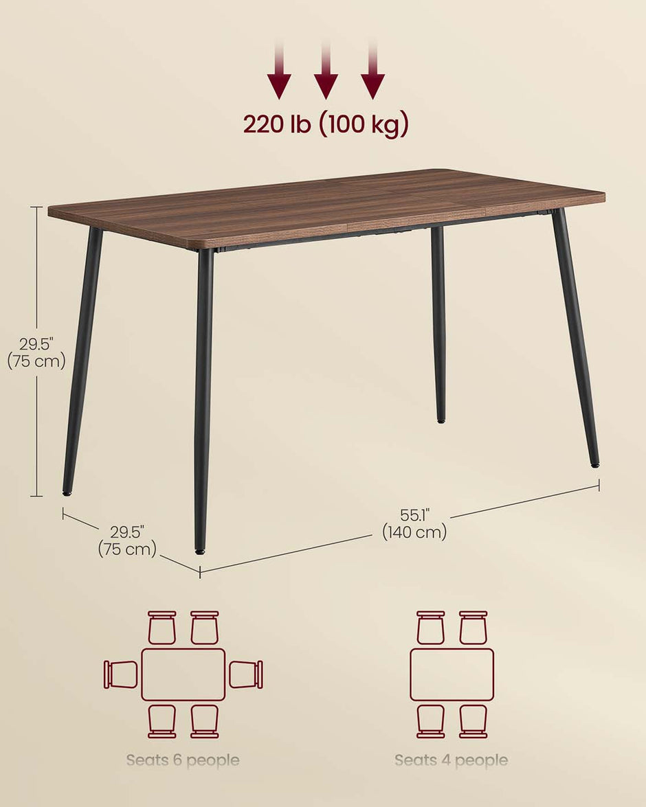 Dining Table – Natural Walnut and Ink Black – Seats 4-6 People – Heat-Resistant Surface, Quick Assembly, 75 x 140 x 75 cm