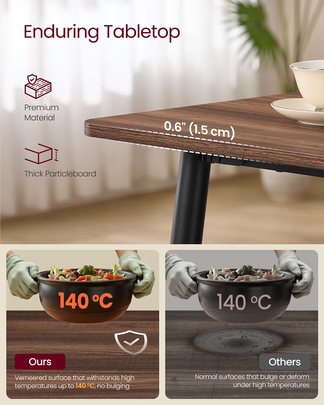 Dining Table – Natural Walnut and Ink Black – Seats 4-6 People – Heat-Resistant Surface, Quick Assembly, 75 x 140 x 75 cm