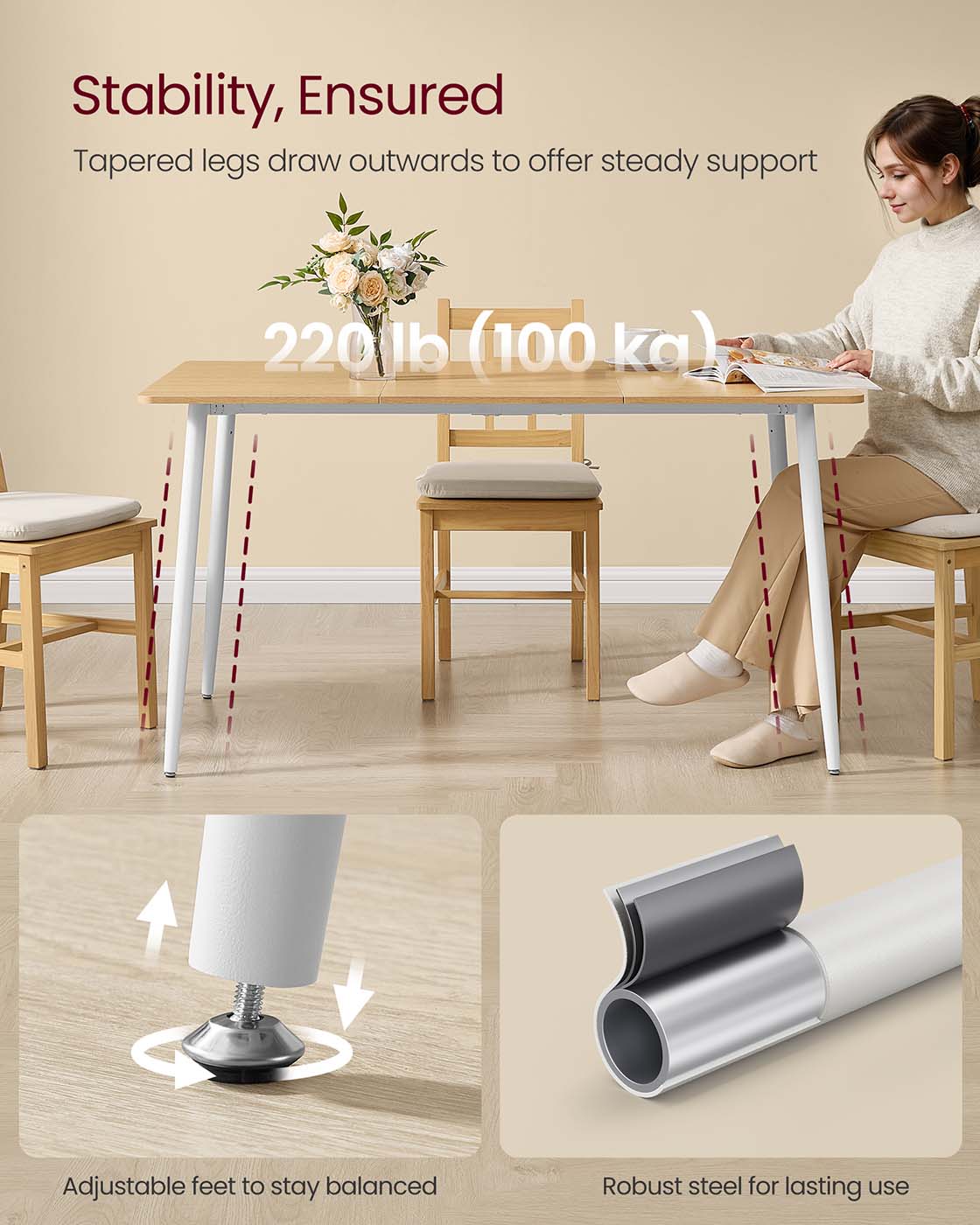 Dining Table – Engineered Wood – Golden Oak and Cloud White – Seats 4-6 with Heat-Resistant Surface