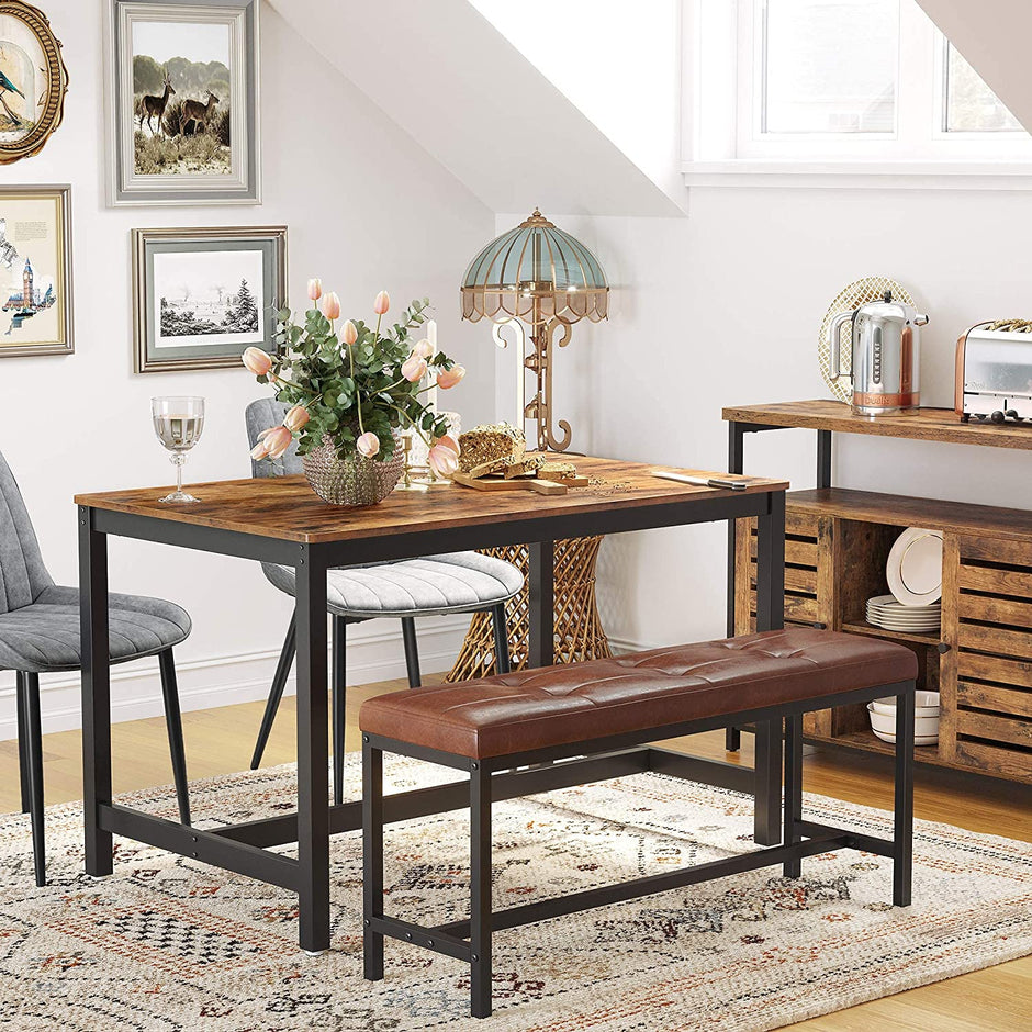 Dining Table – Metal Frame – Rustic Brown – Heavy Duty, Seats 4