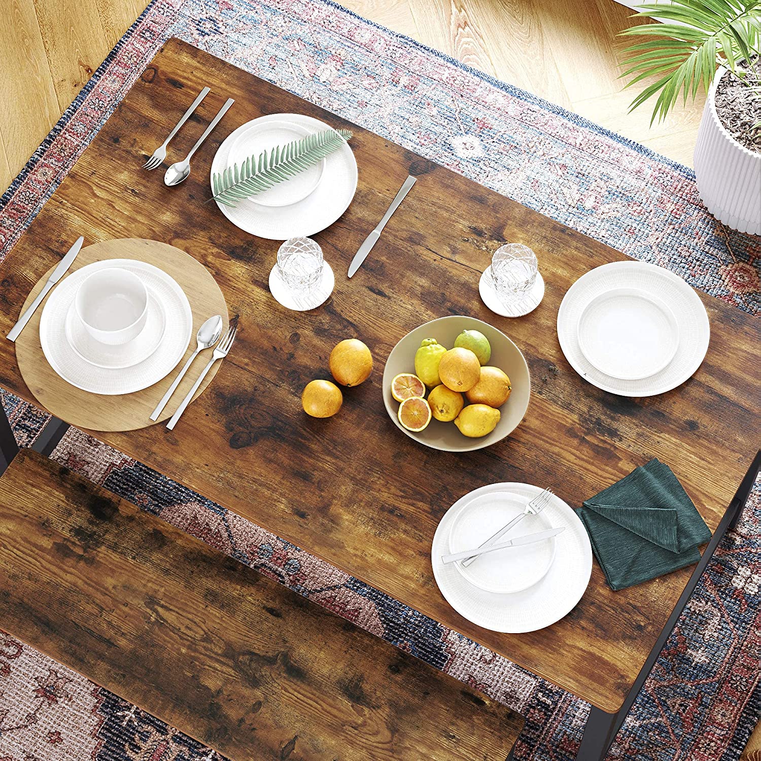 Dining Table – Metal Frame – Rustic Brown – Heavy Duty, Seats 4