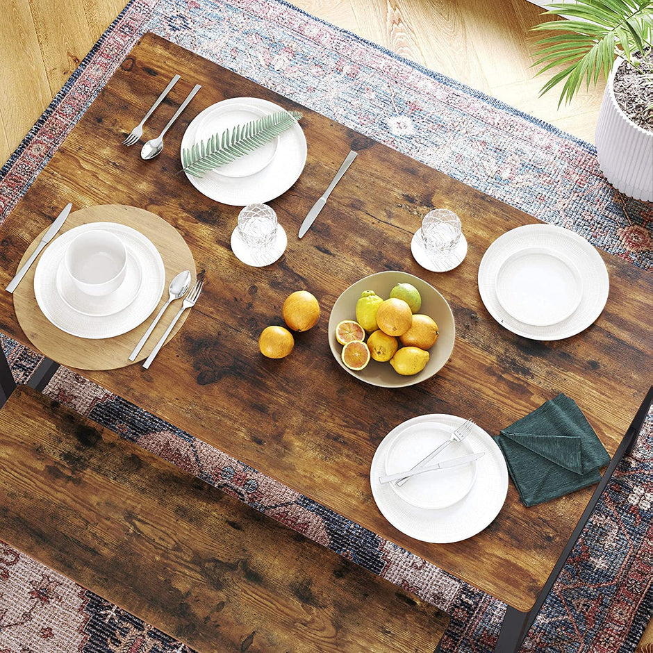 Dining Table – Metal Frame – Rustic Brown – Heavy Duty, Seats 4