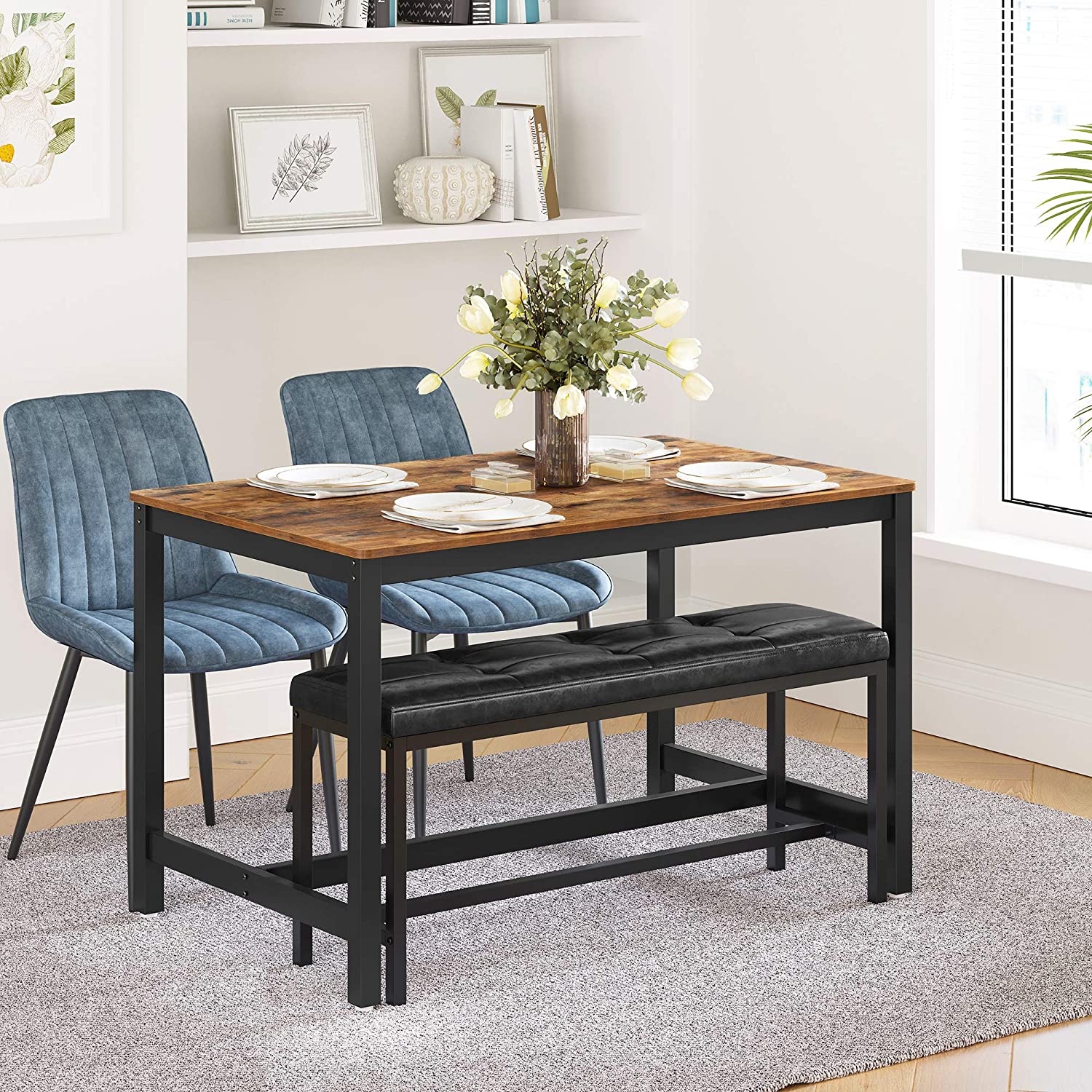 Dining Table – Metal Frame – Rustic Brown – Heavy Duty, Seats 4