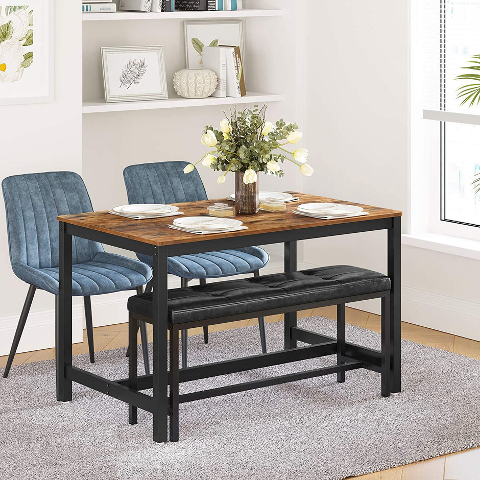 Dining Table – Metal Frame – Rustic Brown – Heavy Duty, Seats 4
