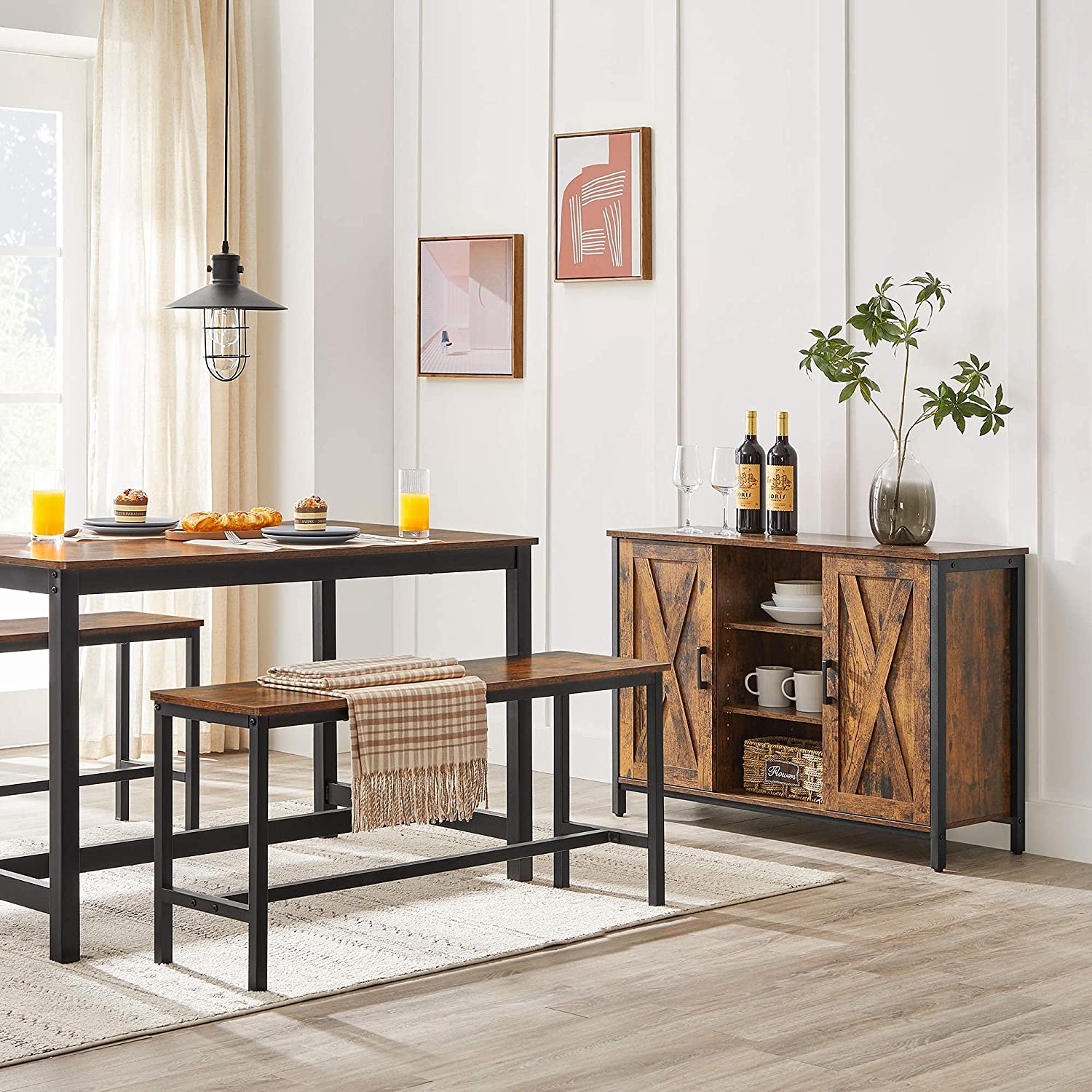 Dining Table – Metal Frame – Rustic Brown – Heavy Duty, Seats 4