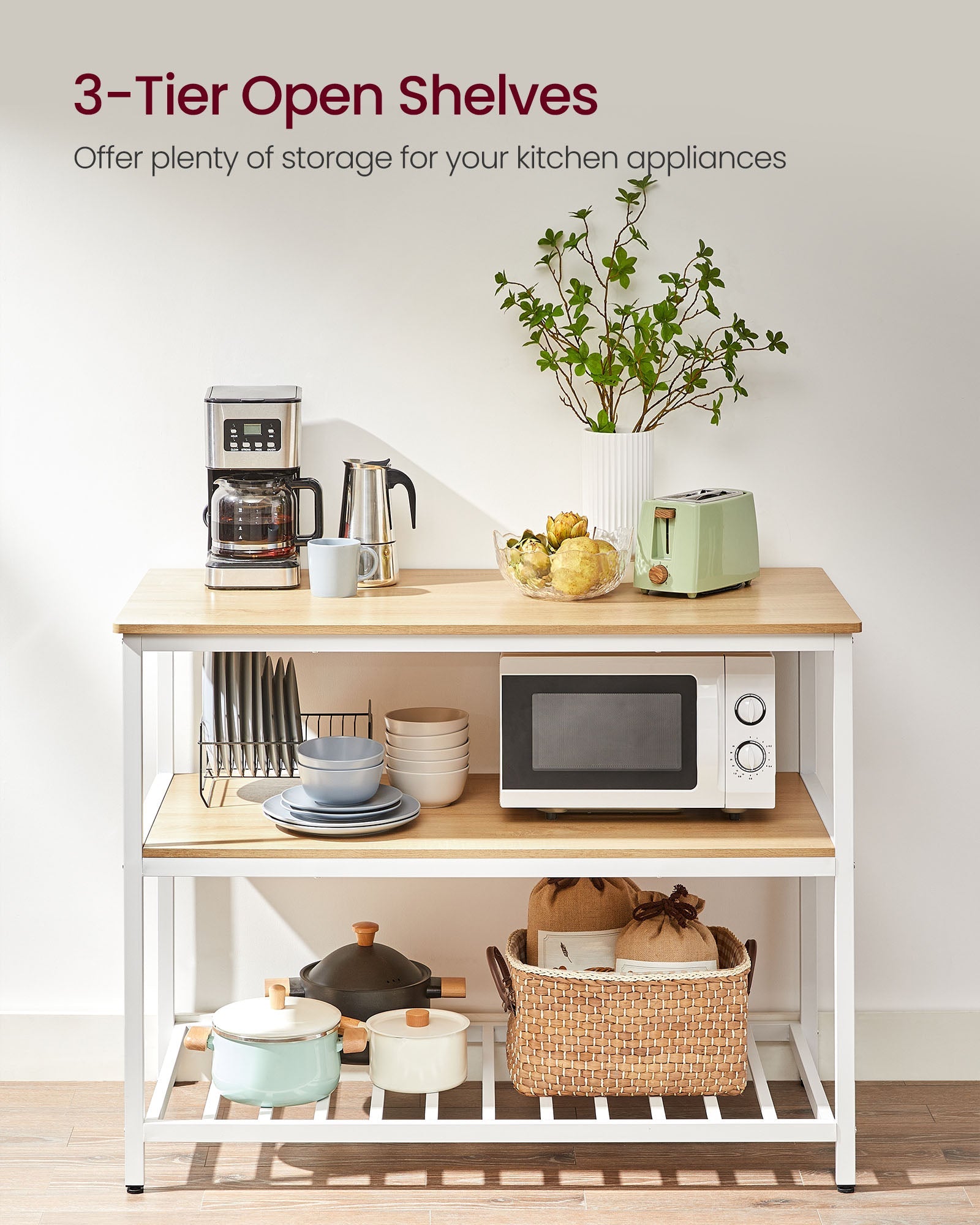 Bakers Rack – Steel and Wood – Rustic Brown and White – Large Worktop, Easy Assembly