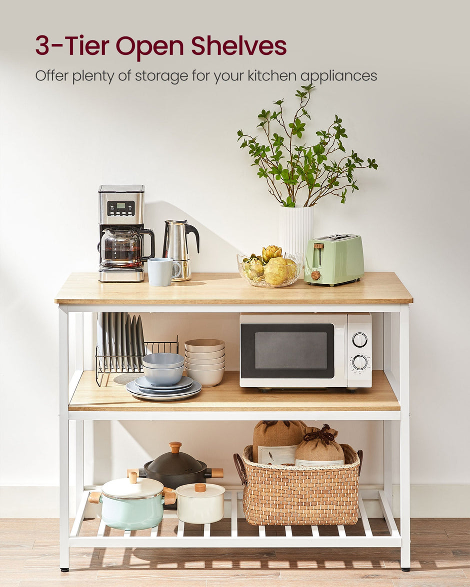 Bakers Rack – Steel and Wood – Rustic Brown and White – Large Worktop, Easy Assembly