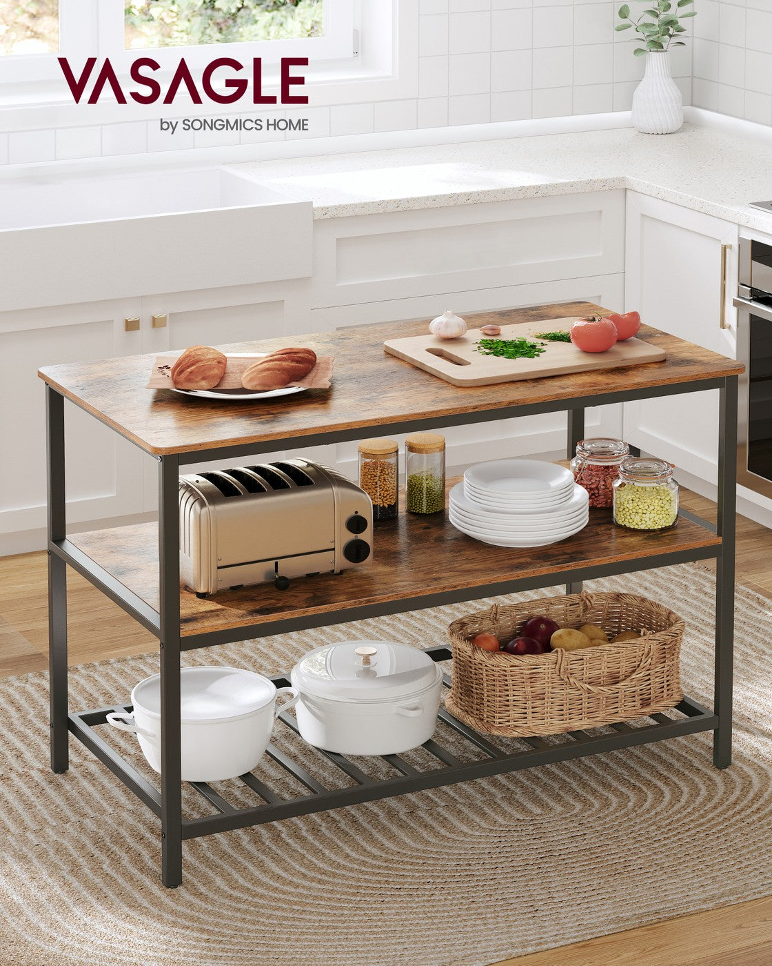 Kitchen Island – Steel – Rustic Brown and Black – Large Worktop with 3 Shelves