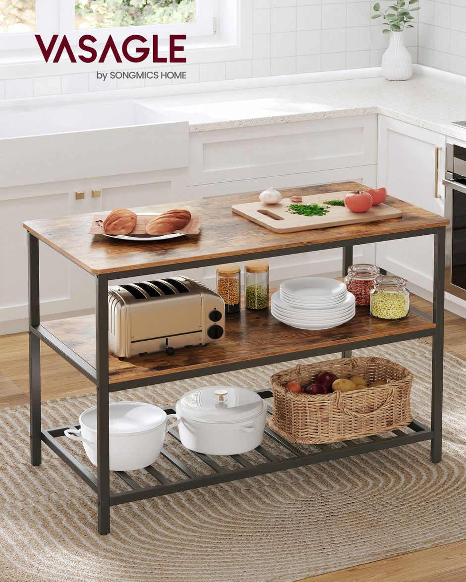 Kitchen Island – Steel – Rustic Brown and Black – Large Worktop with 3 Shelves