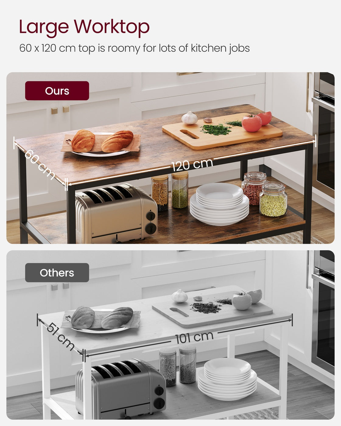 Kitchen Island – Steel – Rustic Brown and Black – Large Worktop with 3 Shelves