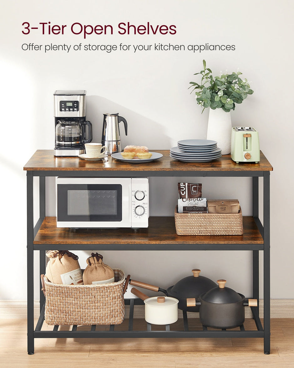 Kitchen Island – Steel – Rustic Brown and Black – Large Worktop with 3 Shelves