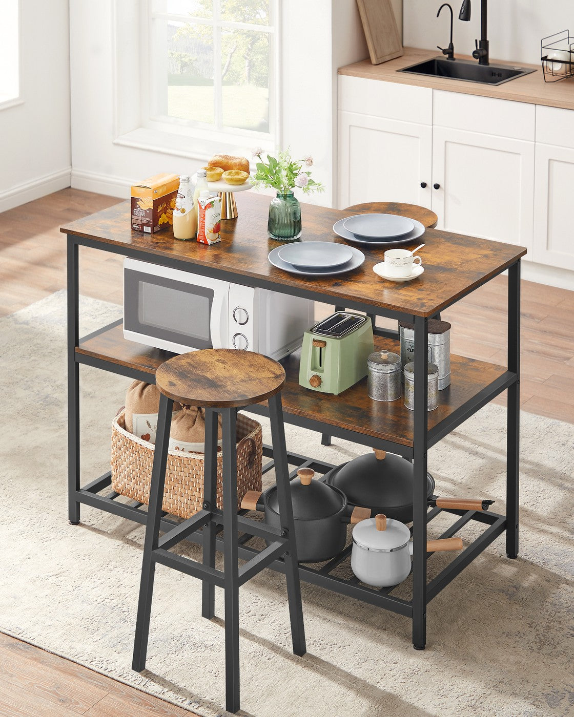 Kitchen Island – Steel – Rustic Brown and Black – Large Worktop with 3 Shelves