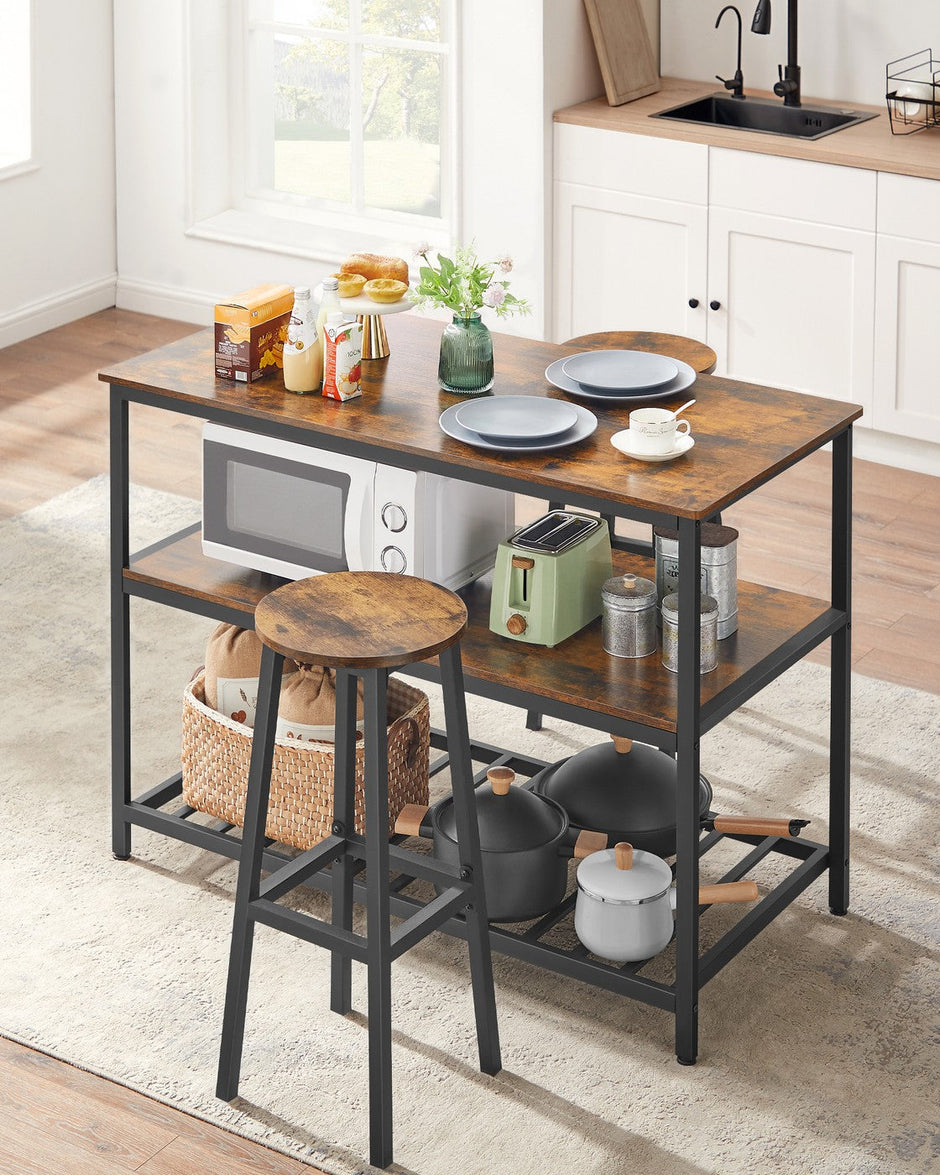 Kitchen Island – Steel – Rustic Brown and Black – Large Worktop with 3 Shelves