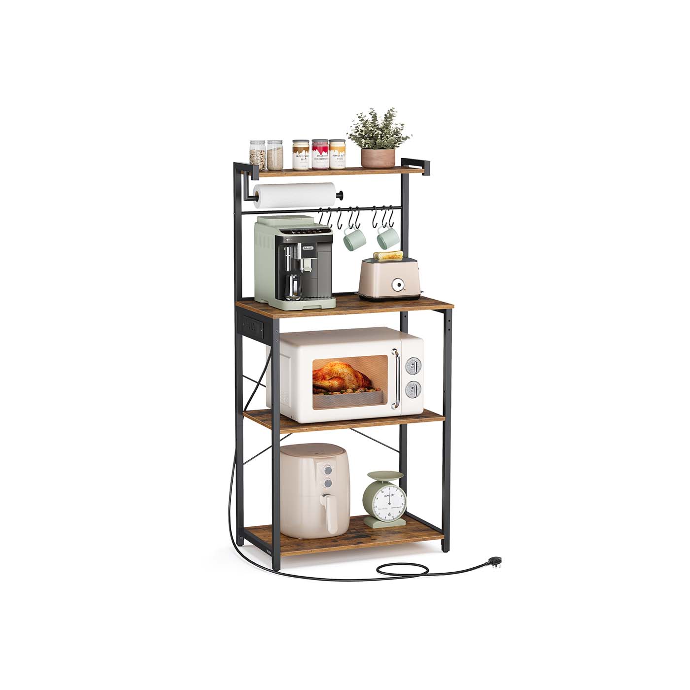Kitchen Bakers Rack – Engineered Wood – Rustic Brown and Ink Black – 4-Tier with Power Outlet and Adjustable Shelf