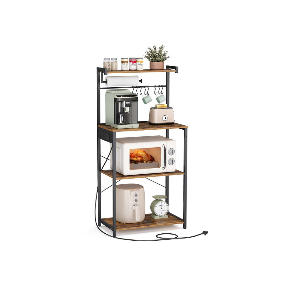 Kitchen Bakers Rack – Engineered Wood – Rustic Brown and Ink Black – 4-Tier with Power Outlet and Adjustable Shelf