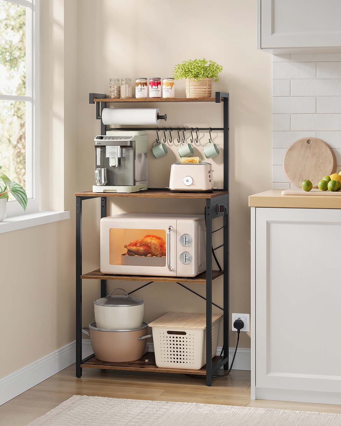 Kitchen Bakers Rack – Engineered Wood – Rustic Brown and Ink Black – 4-Tier with Power Outlet and Adjustable Shelf