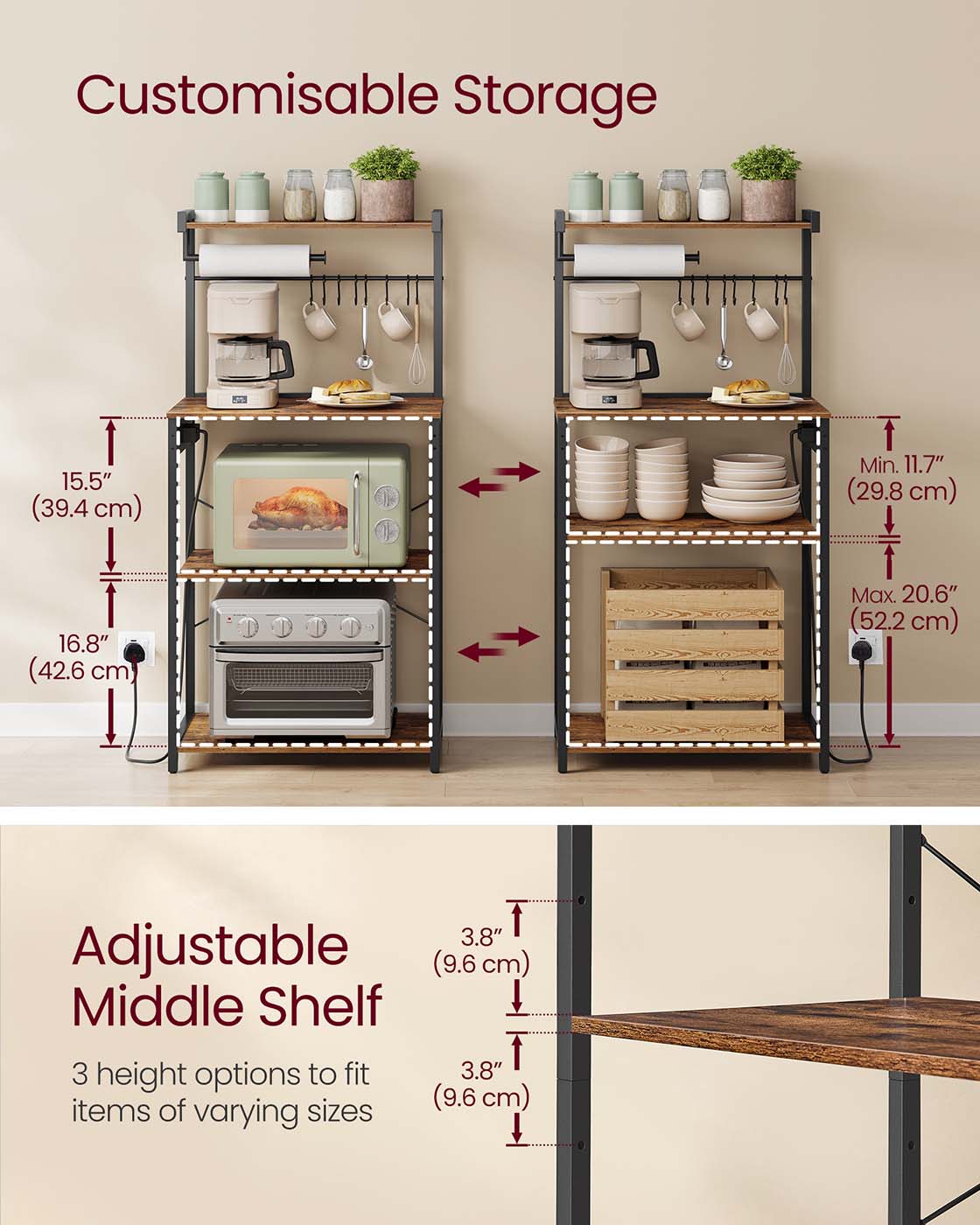 Kitchen Bakers Rack – Engineered Wood – Rustic Brown and Ink Black – 4-Tier with Power Outlet and Adjustable Shelf