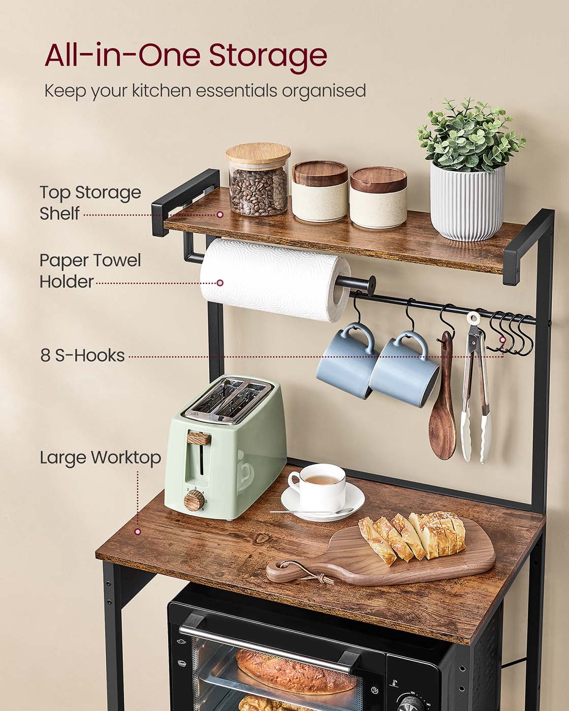 Kitchen Bakers Rack – Engineered Wood – Rustic Brown and Ink Black – 4-Tier with Power Outlet and Adjustable Shelf