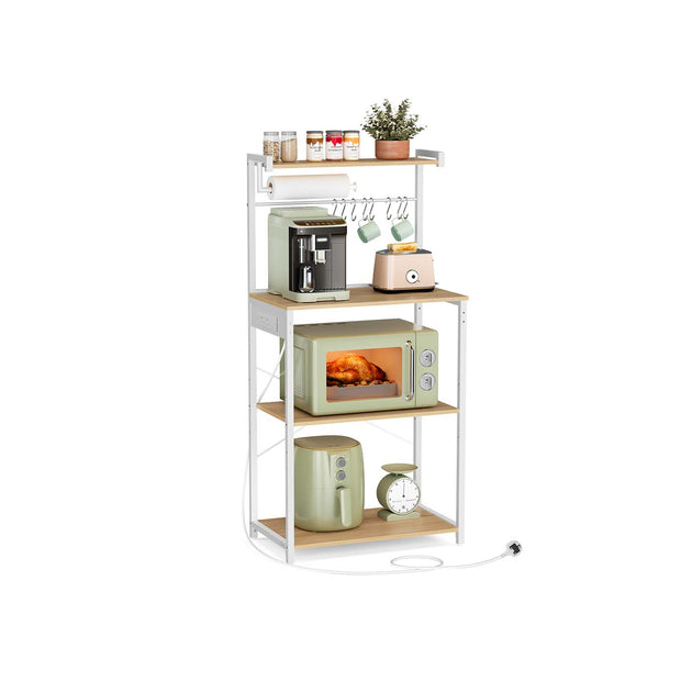 Bakers Rack – Engineered Wood – Golden Oak and Matte White – 4-Tier with Power Outlet and Adjustable Shelf