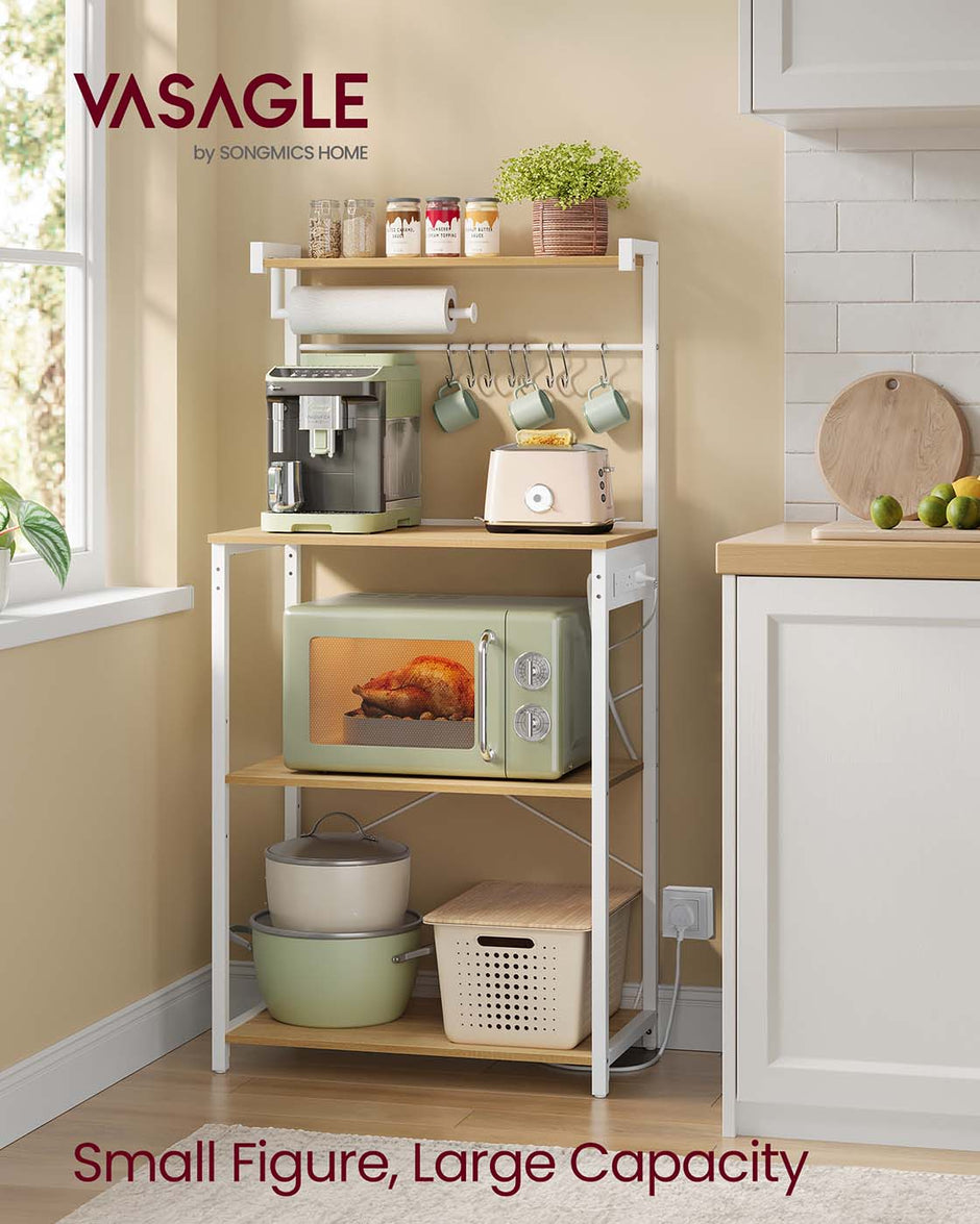 Bakers Rack – Engineered Wood – Golden Oak and Matte White – 4-Tier with Power Outlet and Adjustable Shelf