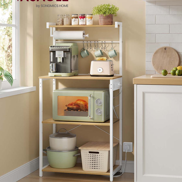Bakers Rack – Engineered Wood – Golden Oak and Matte White – 4-Tier with Power Outlet and Adjustable Shelf