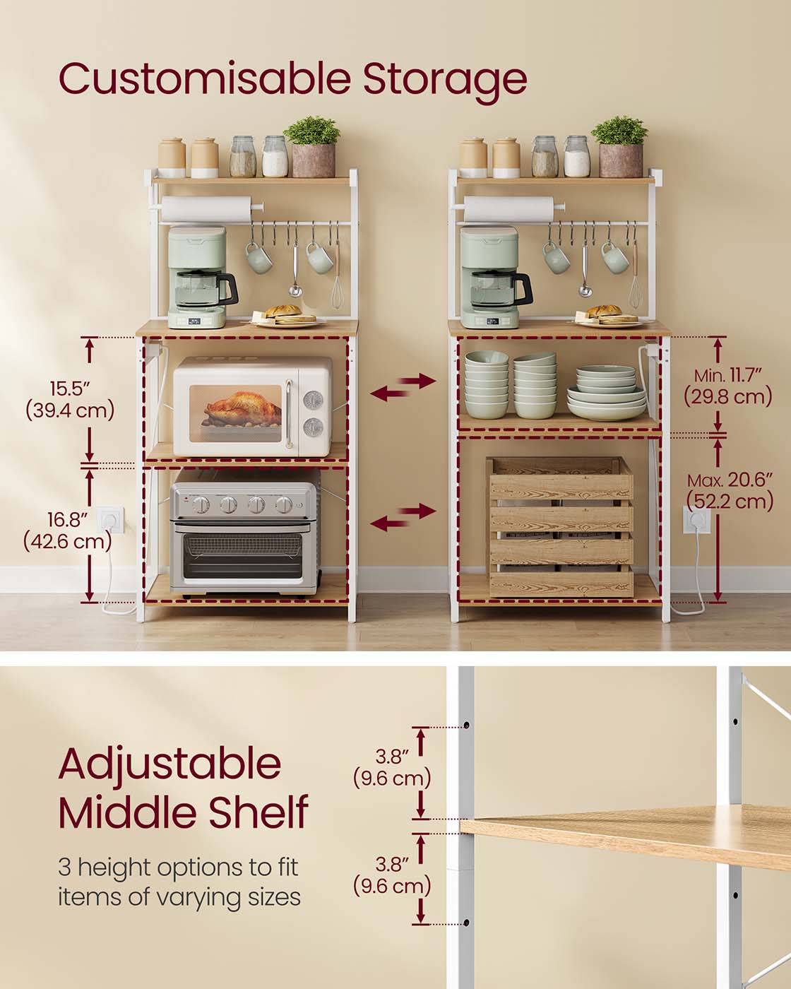 Bakers Rack – Engineered Wood – Golden Oak and Matte White – 4-Tier with Power Outlet and Adjustable Shelf