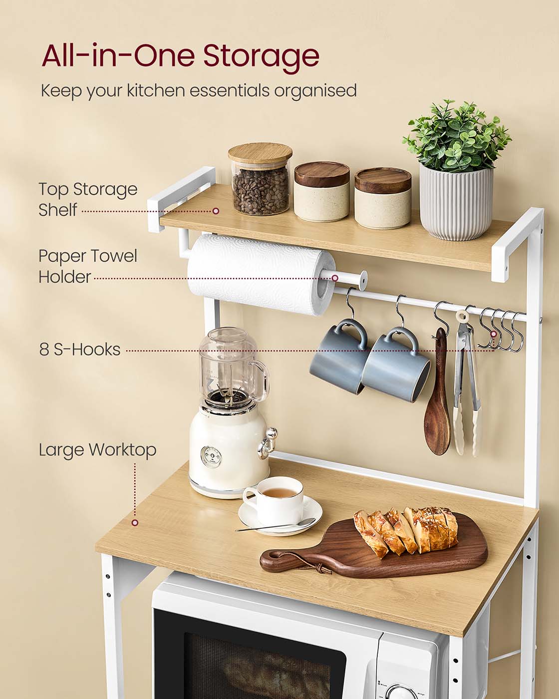 Bakers Rack – Engineered Wood – Golden Oak and Matte White – 4-Tier with Power Outlet and Adjustable Shelf