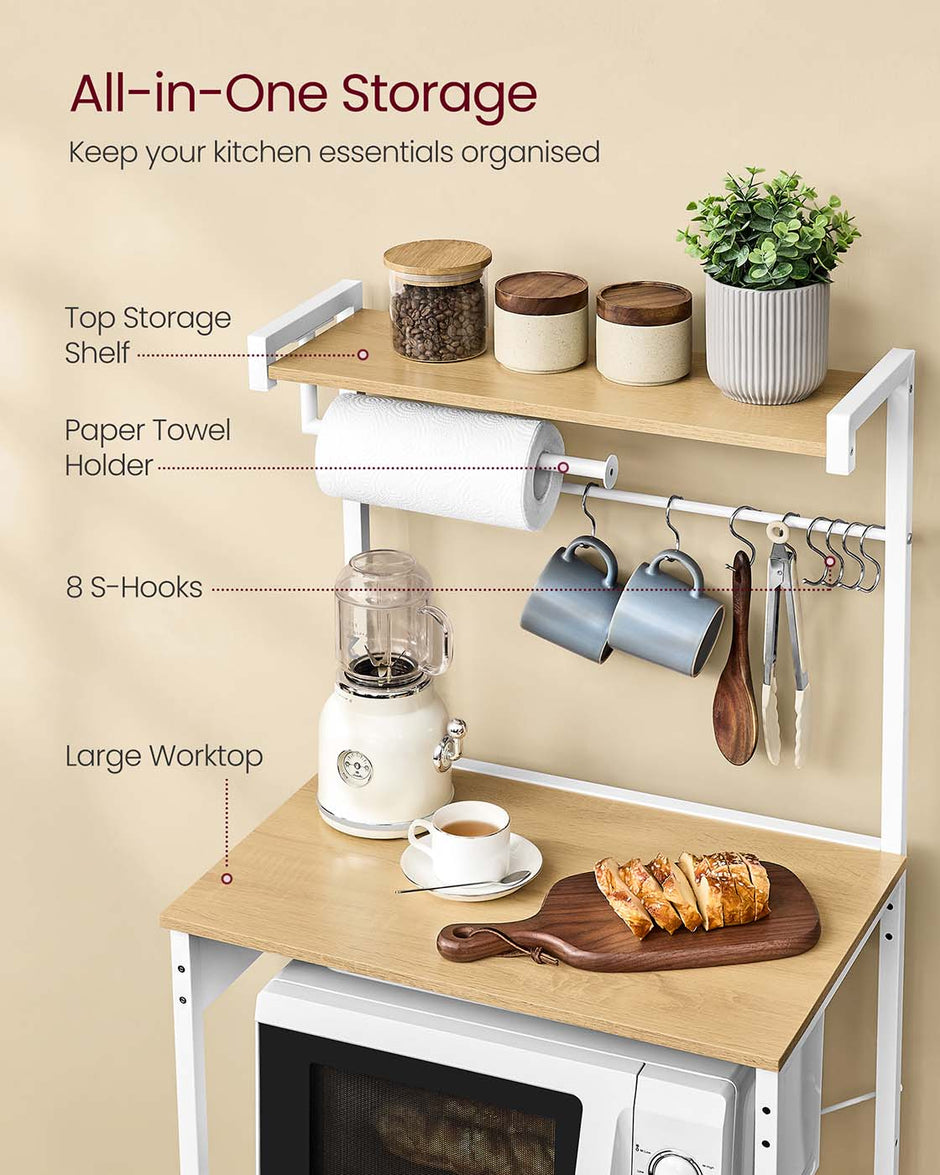 Bakers Rack – Engineered Wood – Golden Oak and Matte White – 4-Tier with Power Outlet and Adjustable Shelf