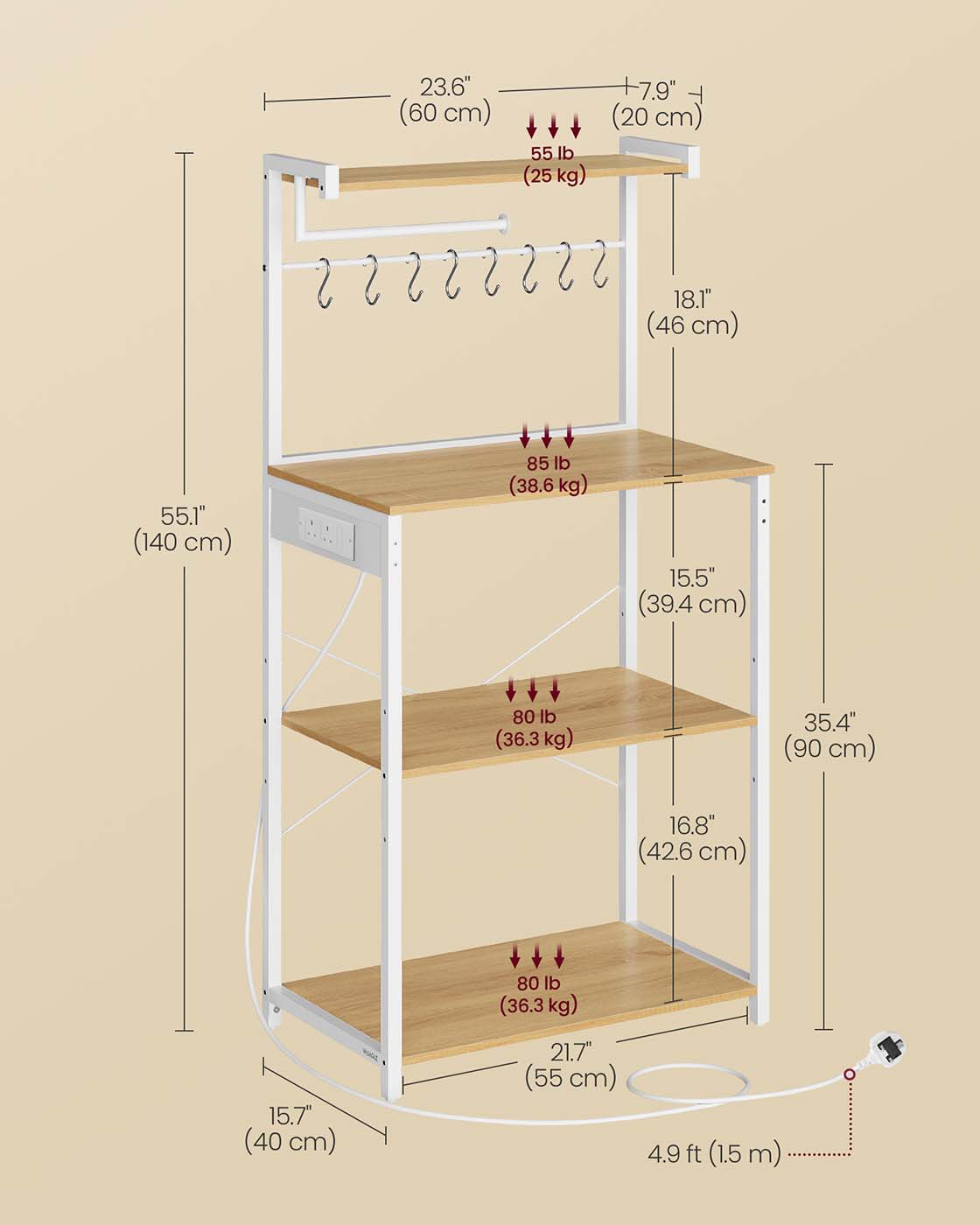 Bakers Rack – Engineered Wood – Golden Oak and Matte White – 4-Tier with Power Outlet and Adjustable Shelf