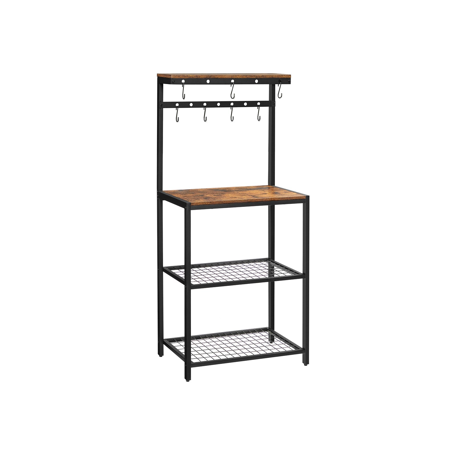 Kitchen Baker's Rack – Metal – Rustic Brown and Black – Storage Shelves with Hooks