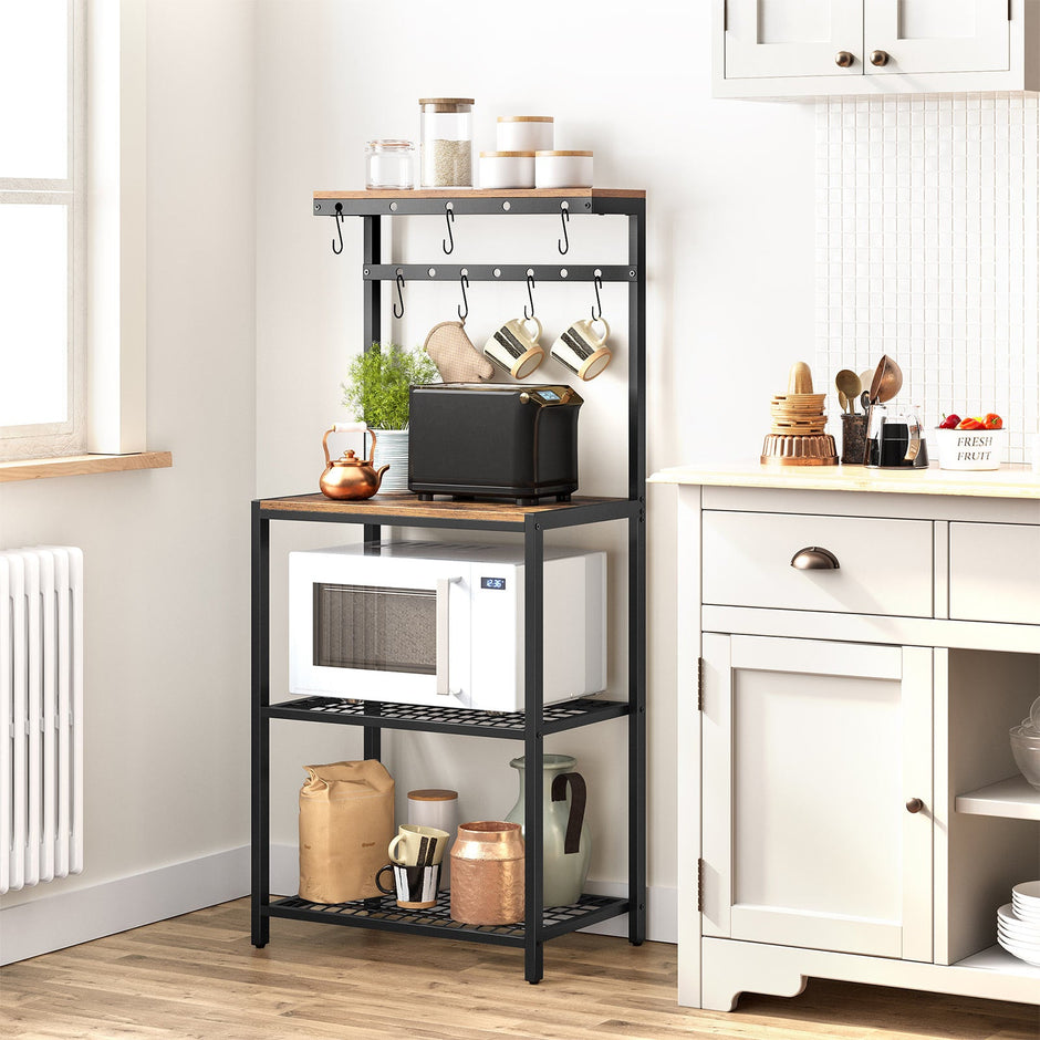 Kitchen Baker's Rack – Metal – Rustic Brown and Black – Storage Shelves with Hooks