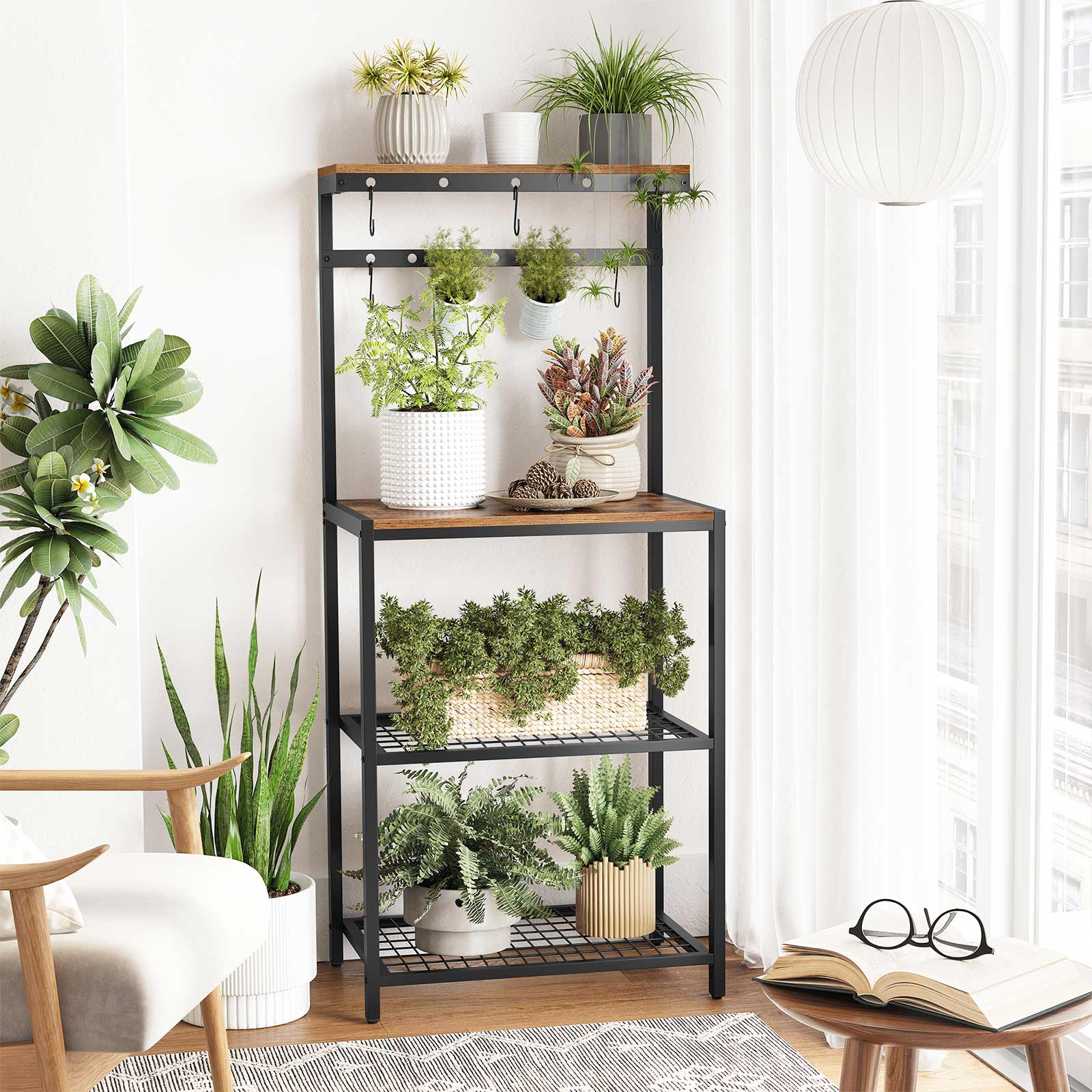 Kitchen Baker's Rack – Metal – Rustic Brown and Black – Storage Shelves with Hooks
