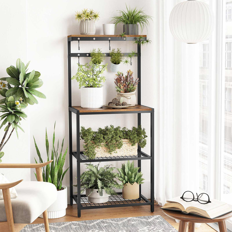 Kitchen Baker's Rack – Metal – Rustic Brown and Black – Storage Shelves with Hooks