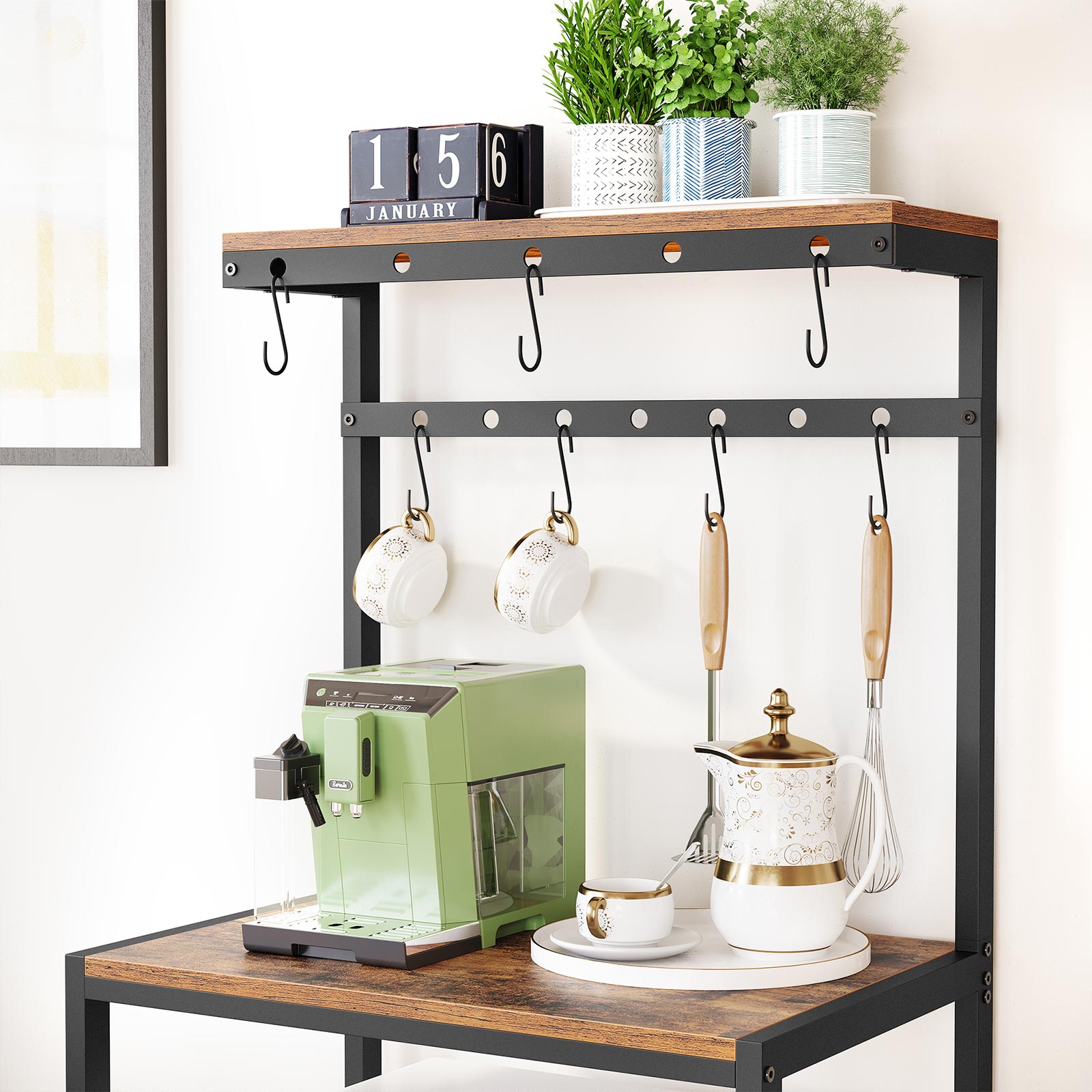 Kitchen Baker's Rack – Metal – Rustic Brown and Black – Storage Shelves with Hooks