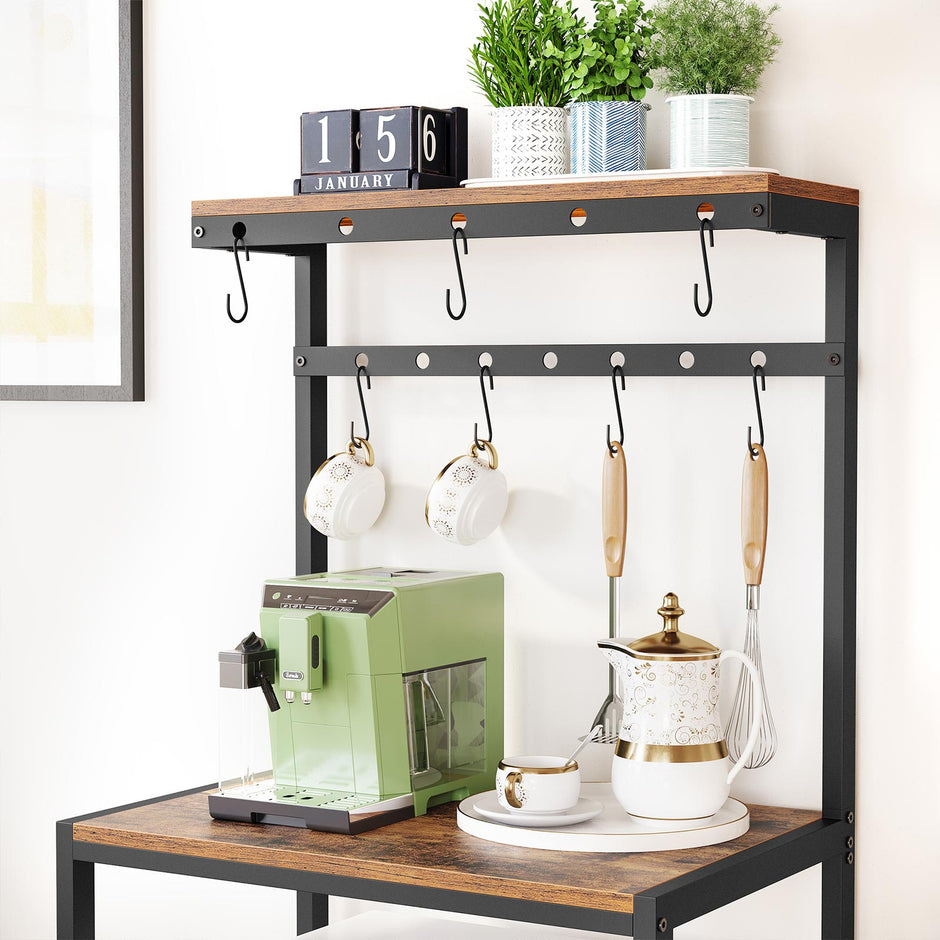 Kitchen Baker's Rack – Metal – Rustic Brown and Black – Storage Shelves with Hooks