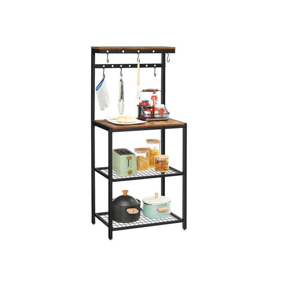 Kitchen Baker's Rack – Metal – Rustic Brown and Black – Storage Shelves with Hooks